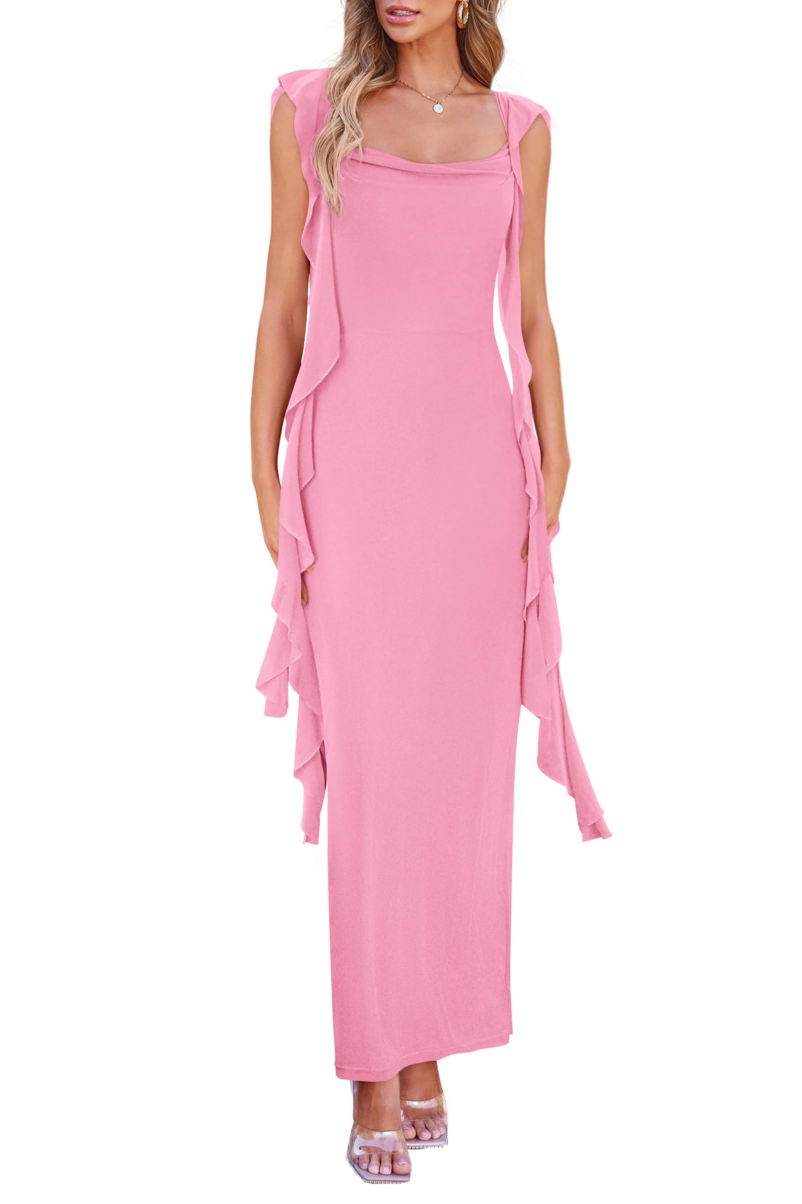 PRETTYGARDEN Women's Elegant Sleeveless Ruffle Maxi Dress for Wedding Guest, Cocktail Party & Formal Occasions - Summer Bodycon Evening Gown for Special Events