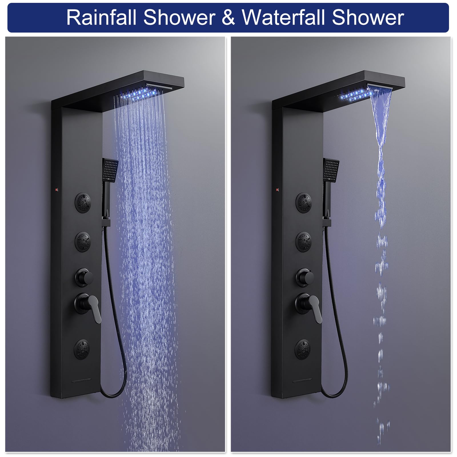 ROVATE 5-in-1 Matte Black LED Shower Panel Tower System with Rainfall Shower Head, High Pressure Waterfall Jets, Handheld Spray & Tub Spout - Luxury Stainless Steel Shower System for Spa-Like Bathroom Experience