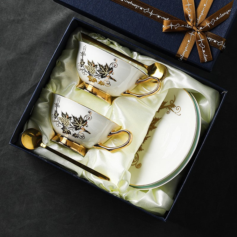 Premium British Ceramic Coffee & Tea Cups Set - Golden Leaves & Grapes Bone China Porcelain with Saucer - Elegant Tea Time Gift Box - Perfect for Afternoon Tea, Bridal Showers & Home Decor
