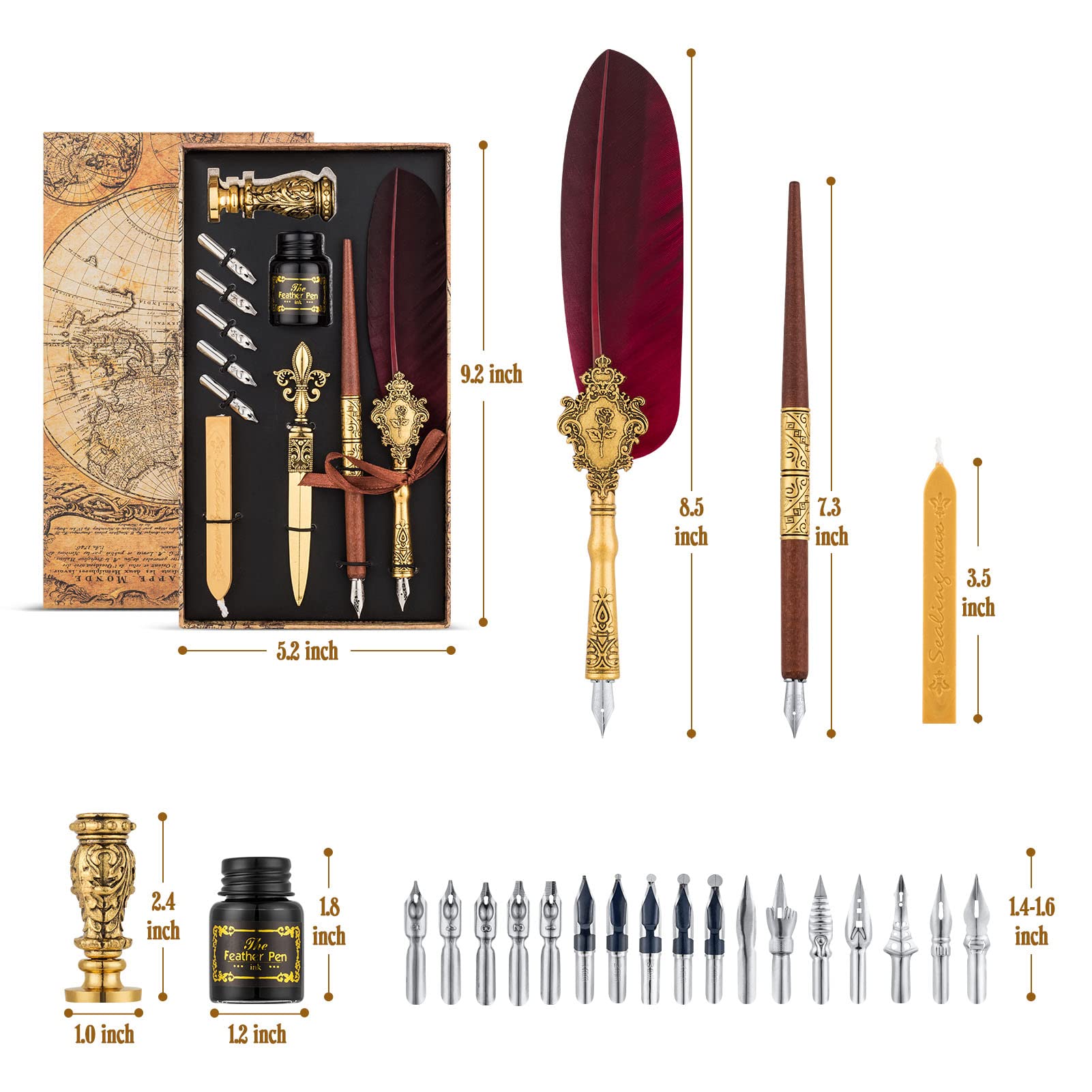 Hethrone Feather Pen and Ink Set - Vintage Calligraphy Dip Pen with Quill Nib for Wedding Invitations, Letter Writing & Artistic Projects