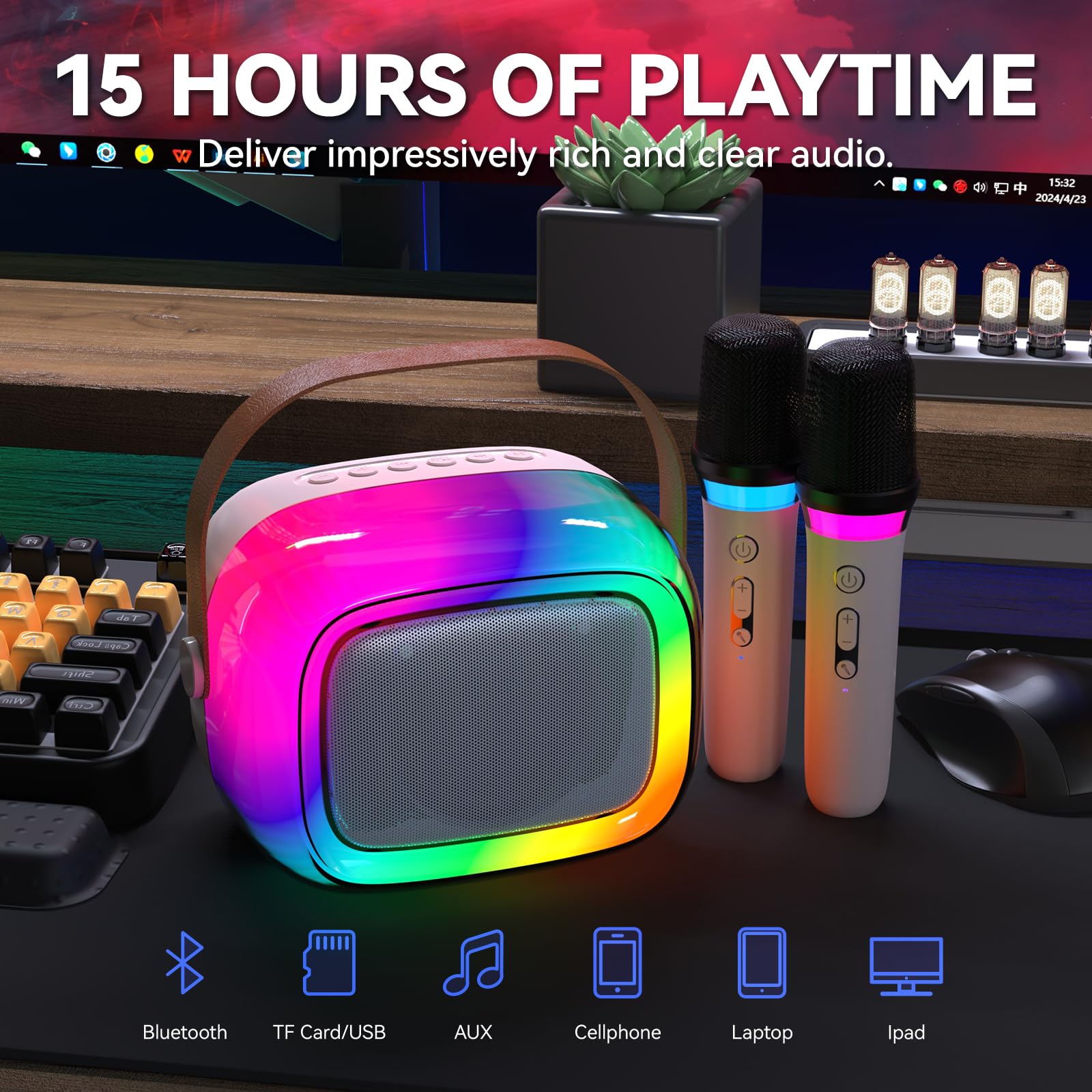 GUYUCOM Kids Karaoke Machine with 2 Wireless Microphones, 5 RGB Lighting Modes, Bluetooth Compatible with Smartphones/Tablets/TVs - Perfect for Children Ages 4-10 | Birthday Gifts, Family Parties & Home Entertainment