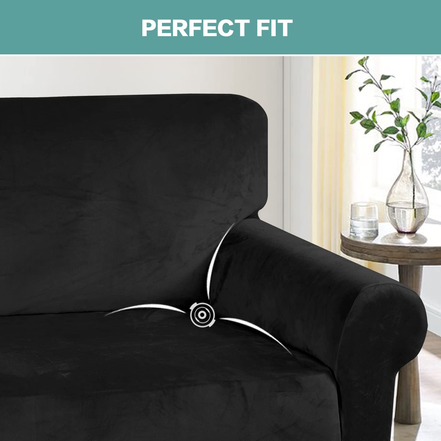 Luxury Turquoise Velvet Stretch Sofa Cover for 3-Cushion Large Couches - Non-Slip Elastic Bottom, Soft Fabric Slipcover (XL, Black) | Perfect for Living Room, Home Decor & Pet Protection