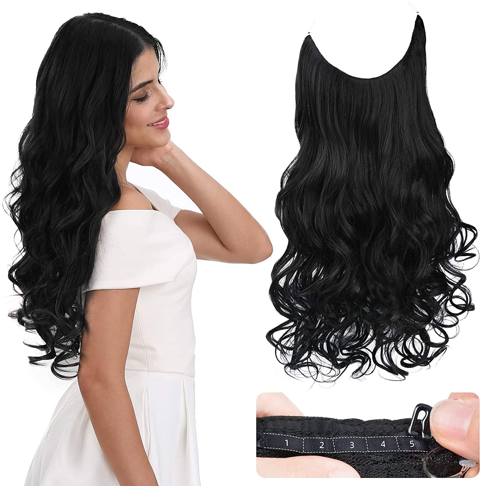 BELLA HARARO 24 Inch Clip-in Curly Hair Extensions for Women - Natural Black Layered Wavy Human Hair Weave for Daily Use & Party Styling - Perfect for Weddings, Prom & Cosplay