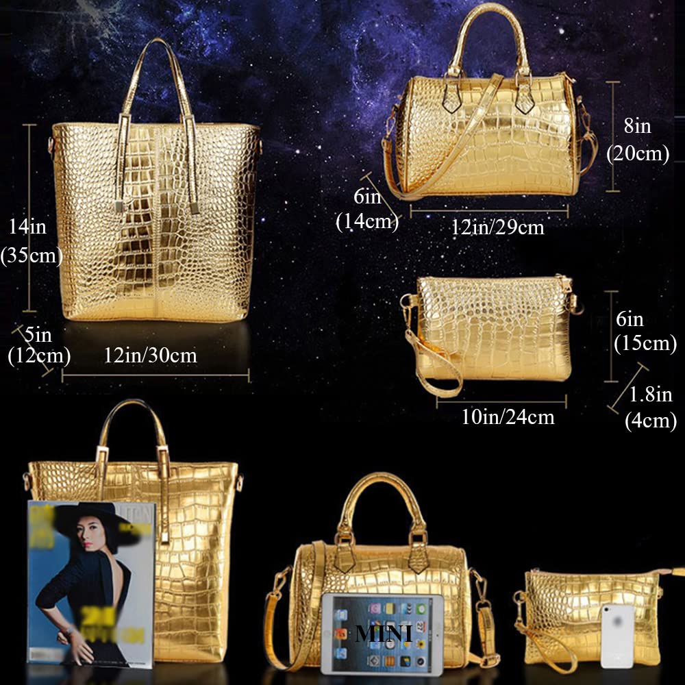3PC Women's Crocodile Pattern Handbag Set - Satchel, Shoulder Tote & Wallet for Work & Travel