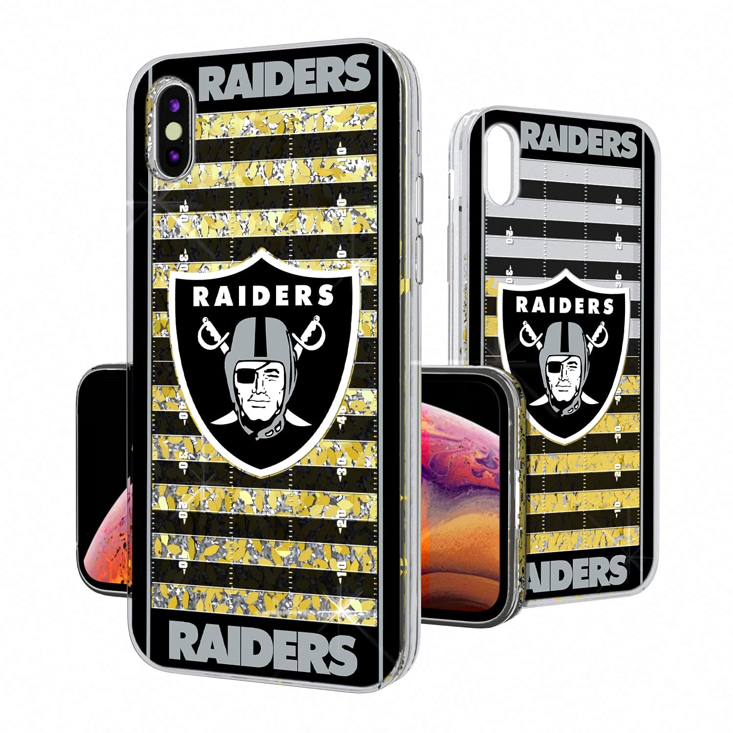 Las Vegas Raiders iPhone Case - Glitter Football Field Design - Durable Protective Cover for iPhone 13/14/15 - Perfect for Game Day & Raiders Fans