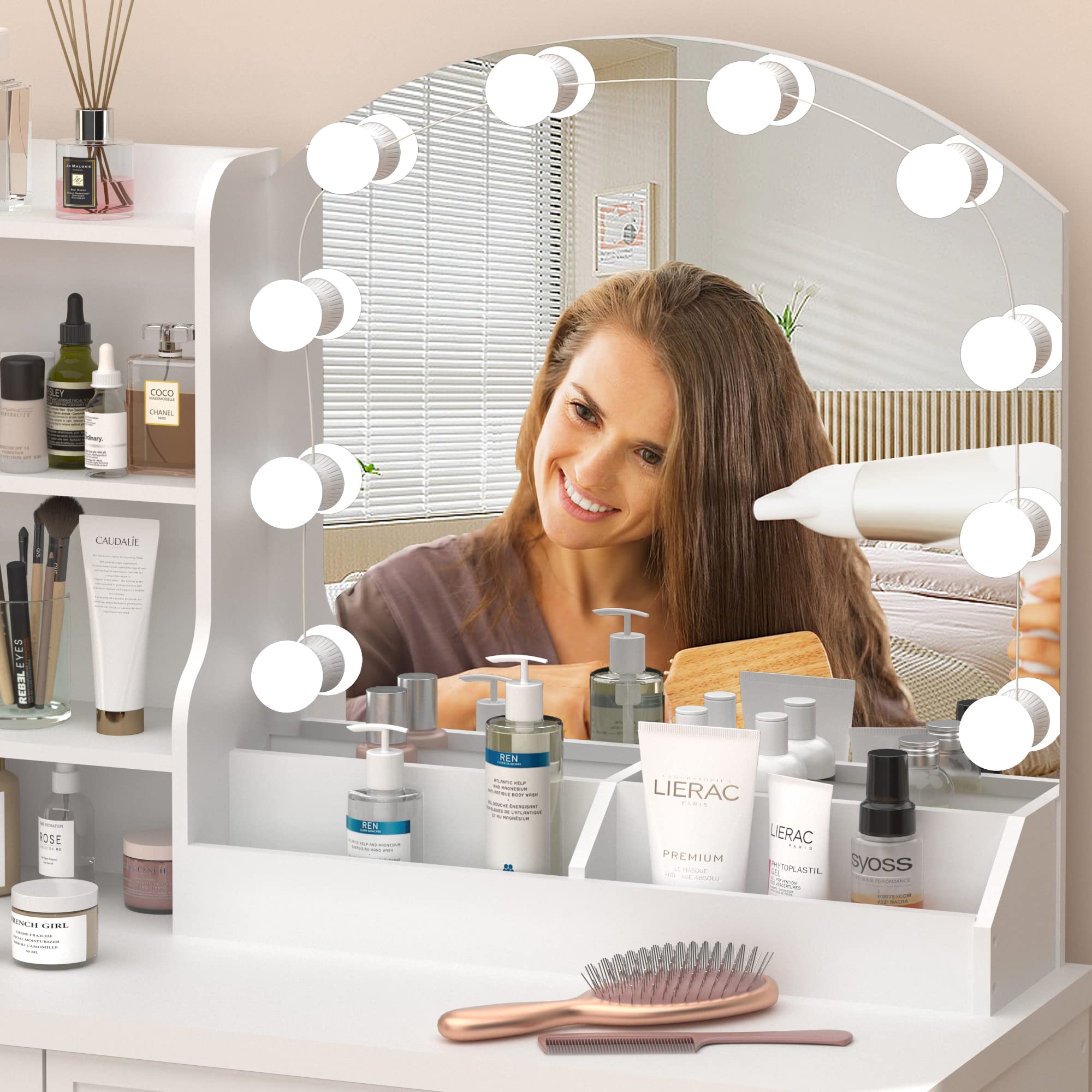Vabches Makeup Vanity Desk with LED Lights & 4 Drawers - White Dressing Table with Large Storage (39.4 Inch), 3 Color Lighting Modes - Perfect for Bedroom, Dressing Room & Beauty Salon
