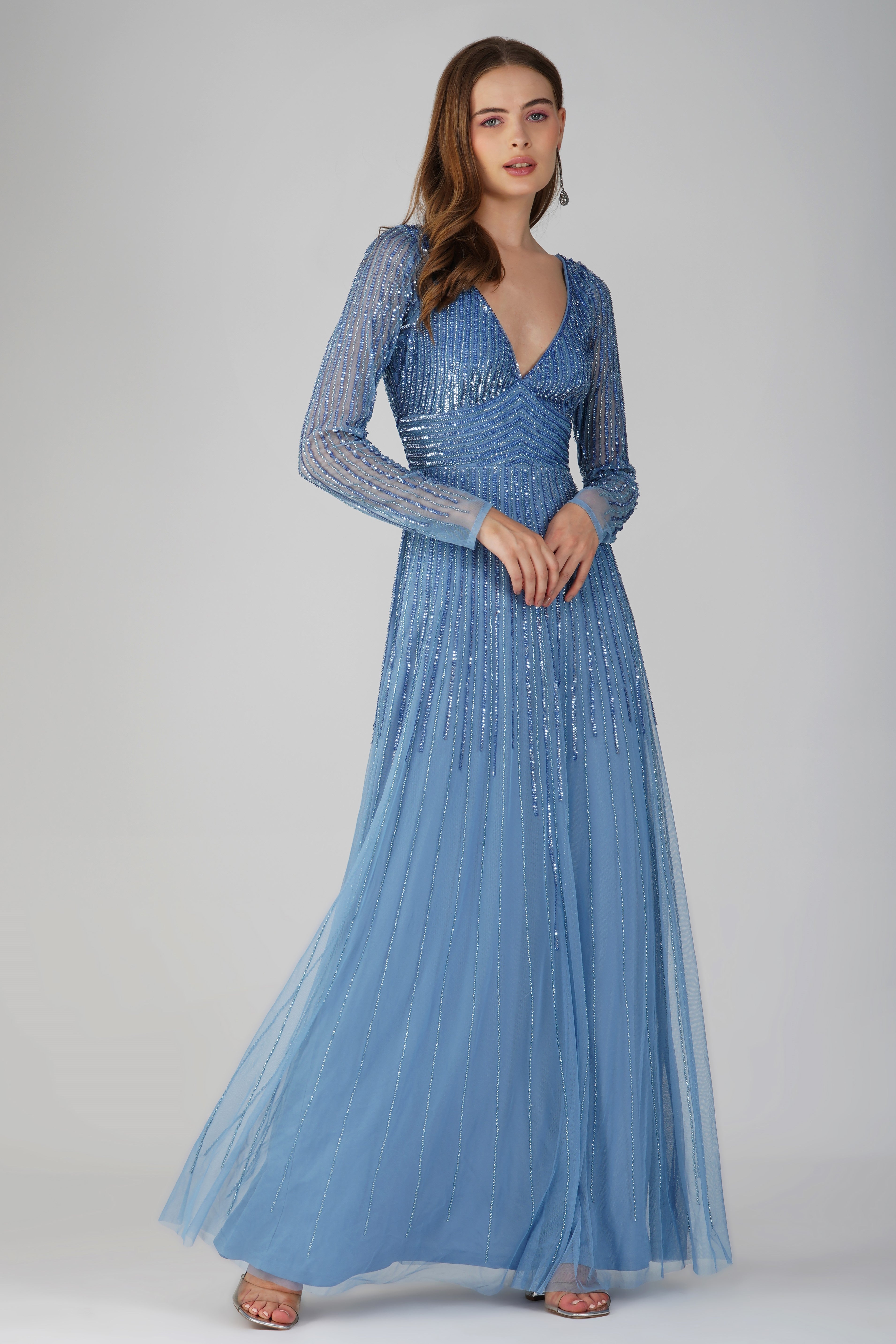 Laura Embellished Maxi Dress in Powder Blue - Elegant Floral Lace Evening Gown for Women, Perfect for Weddings, Prom, and Special Occasions