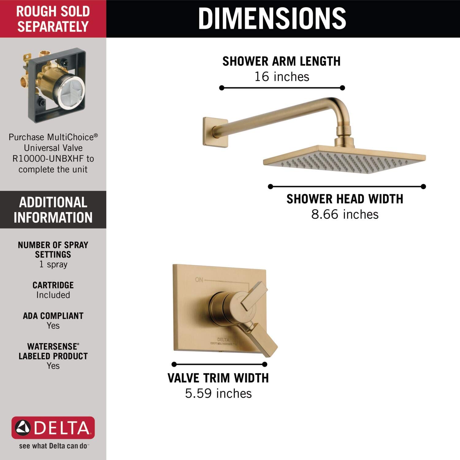 DELTA T17253-CZ-WE Vero 17 Series Dual-Function Shower Trim Kit with Single-Spray Touch-Clean Rain Head - Champagne Bronze Finish - Perfect for Bathroom Renovation & Modern Shower Experience