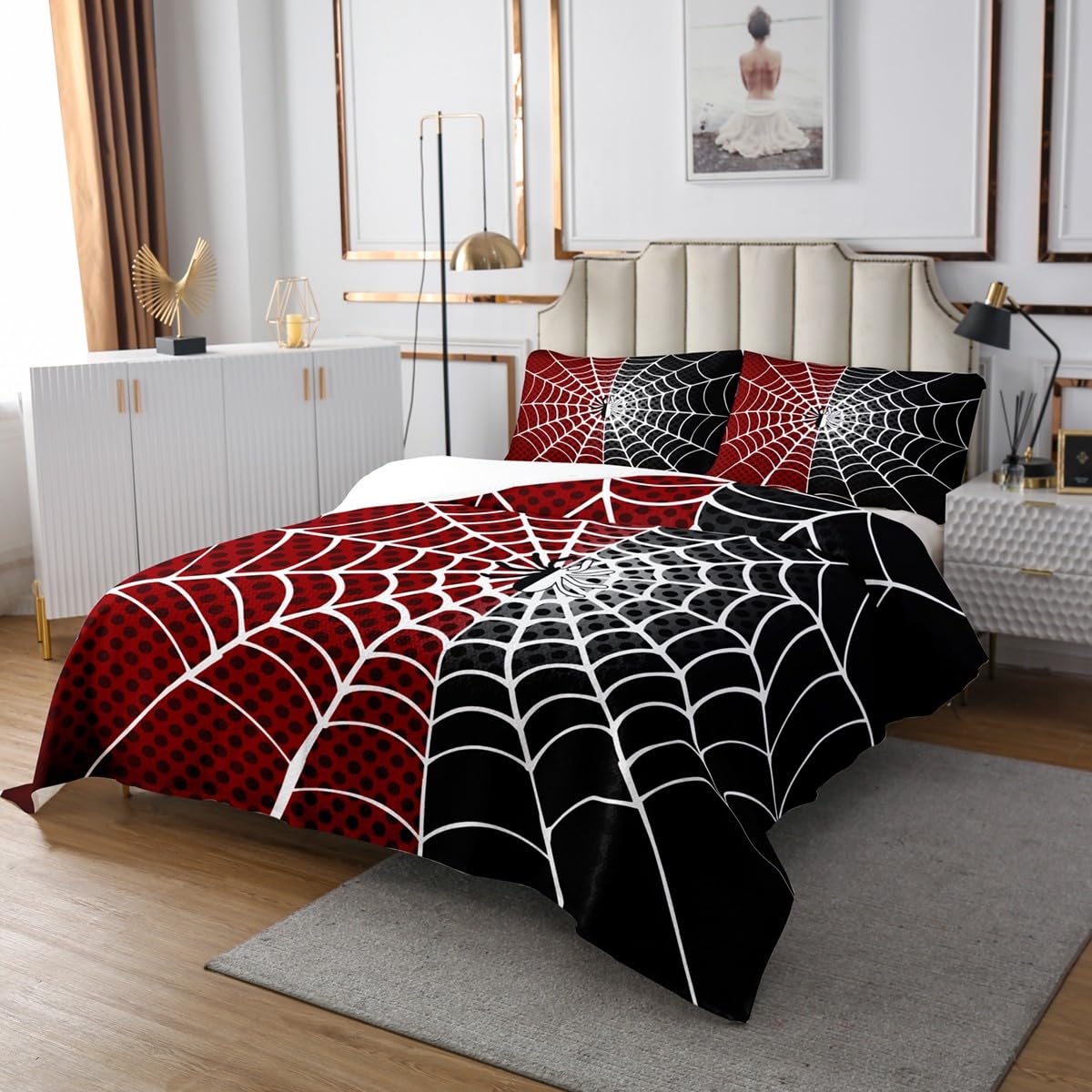 Spider Web King Size Bedspread Set - Black Dots White Quilt with 2 Pillowcases for Boys, Teens & Adults | Soft Polyester Bedding | Halloween, Gothic, Superhero Room Decor | Perfect for Kids Bedrooms, Dorm Rooms & Themed Parties
