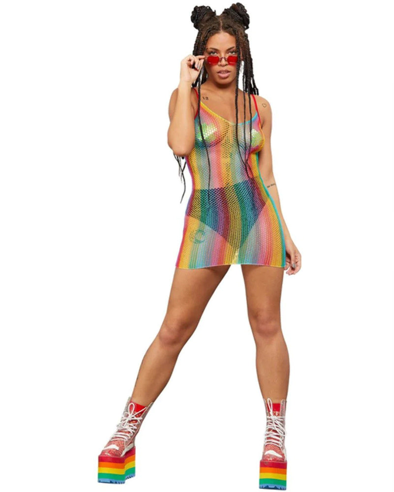 60s Fever Rainbow Fishnet Dress for Women - Vintage Retro Costume for Halloween, Cosplay & Themed Parties