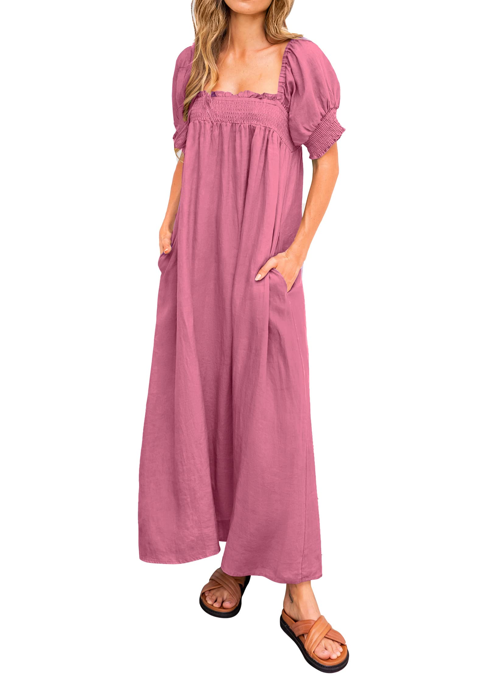 KIRUNDO Women's 2025 Summer Maxi Dress - Casual Loose Puff Sleeve Square Neck Maternity Beach Dress with Pockets | Flowy Long Dress for Vacation, Pregnancy, and Outdoor Events