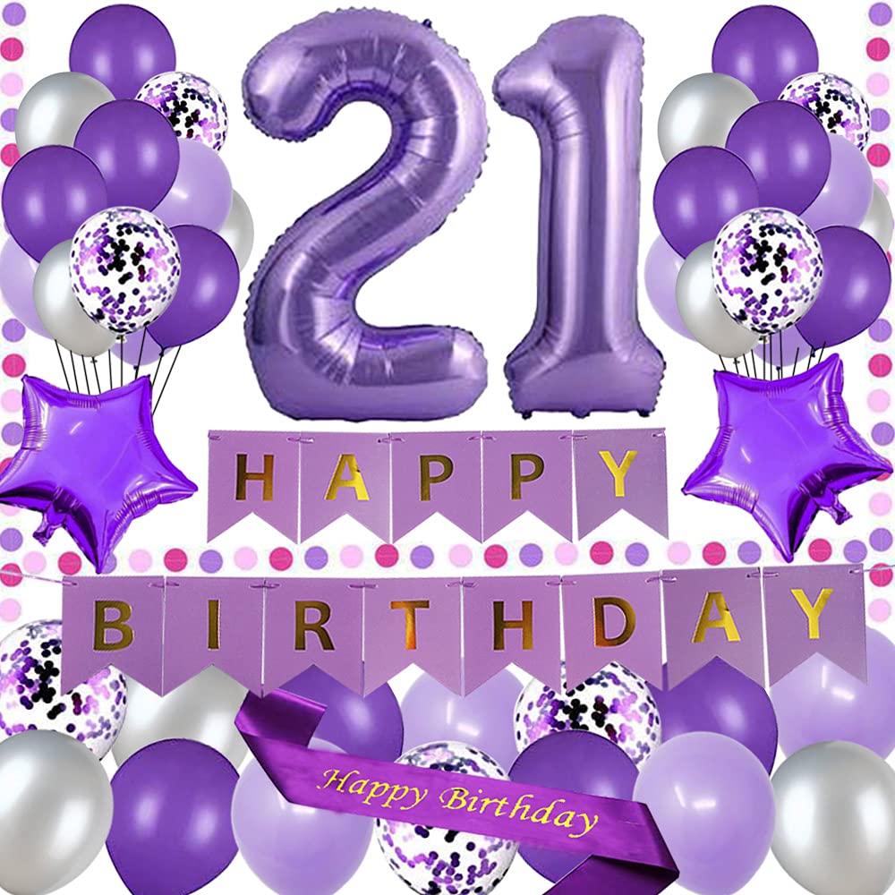 21st Birthday Party Decorations - Purple Happy Birthday Banner, 40 Inch Number 21 Sign, Sash & Confetti Balloons - Perfect for 21st Birthday Party Supplies | Great for Milestone Celebrations, Photo Backdrops & Adult Birthday Decor