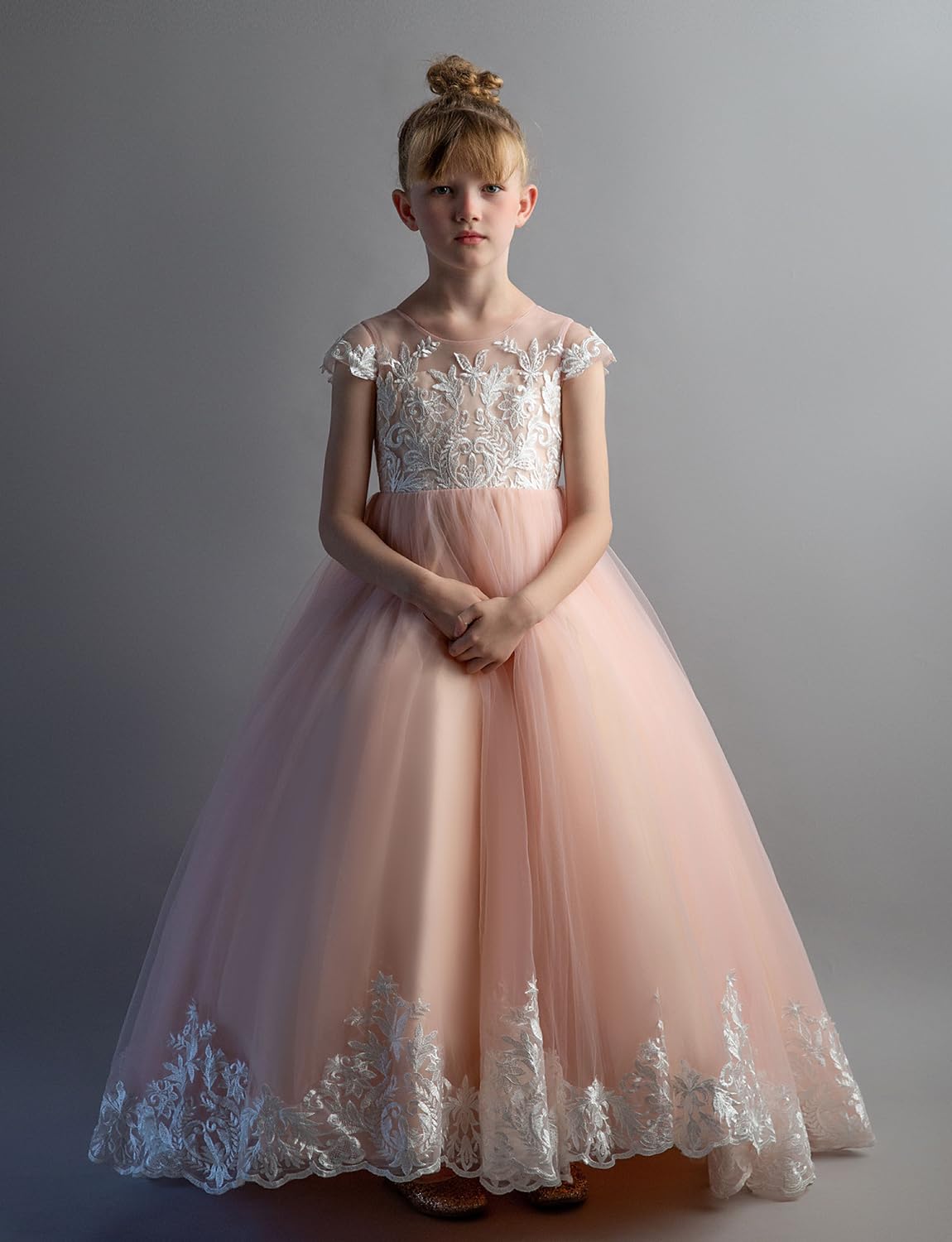 Miami Cap Sleeves V-Back Lace Tulle Flower Girl Dress & Junior Bridesmaid Gown - Perfect for Weddings, Flower Girls, and Special Occasions