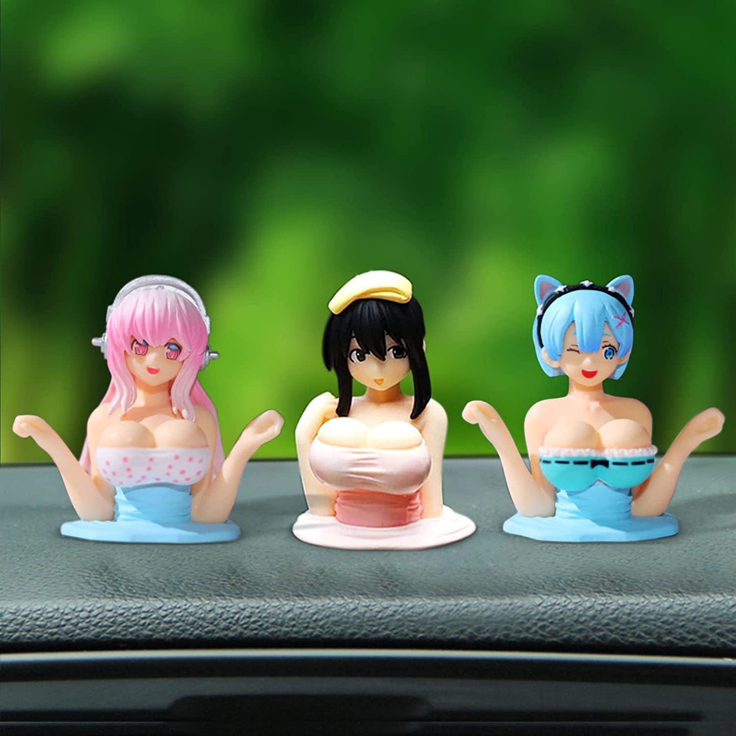 2023 Cute Anime Kanako Q-Version Car Ornament - Shaking Chest Decoration for Dashboard, Home Desk, and Office - 3pc Set of Beautiful Girl Toy Gifts for Anime Fans and Car Enthusiasts