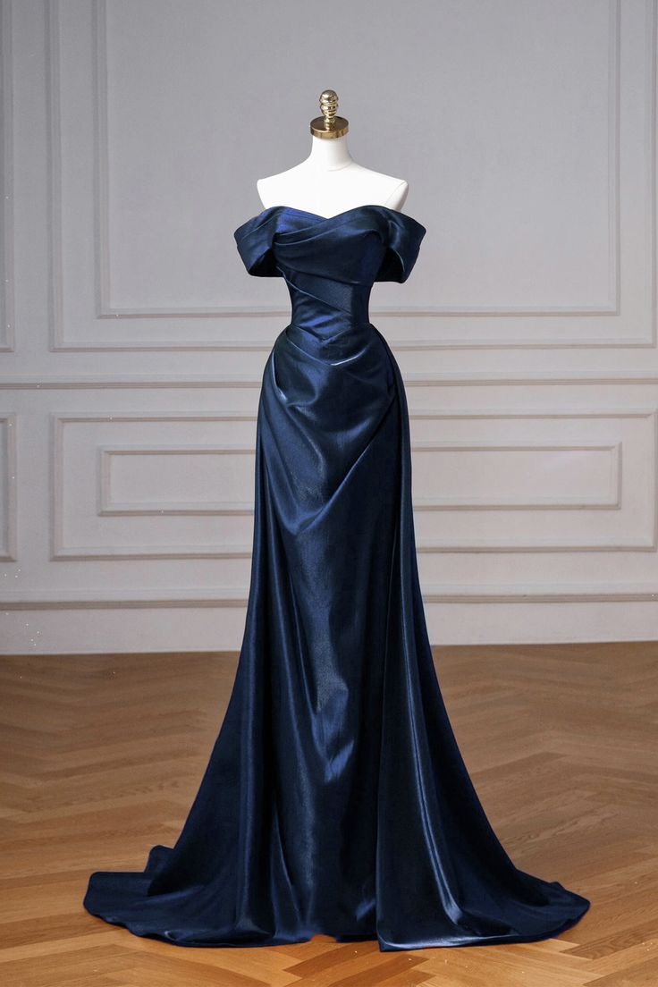 Elegant Navy Satin Long Prom Dress - Off the Shoulder Formal Gown for Homecoming, Evening Party & Special Occasions | Style J6729