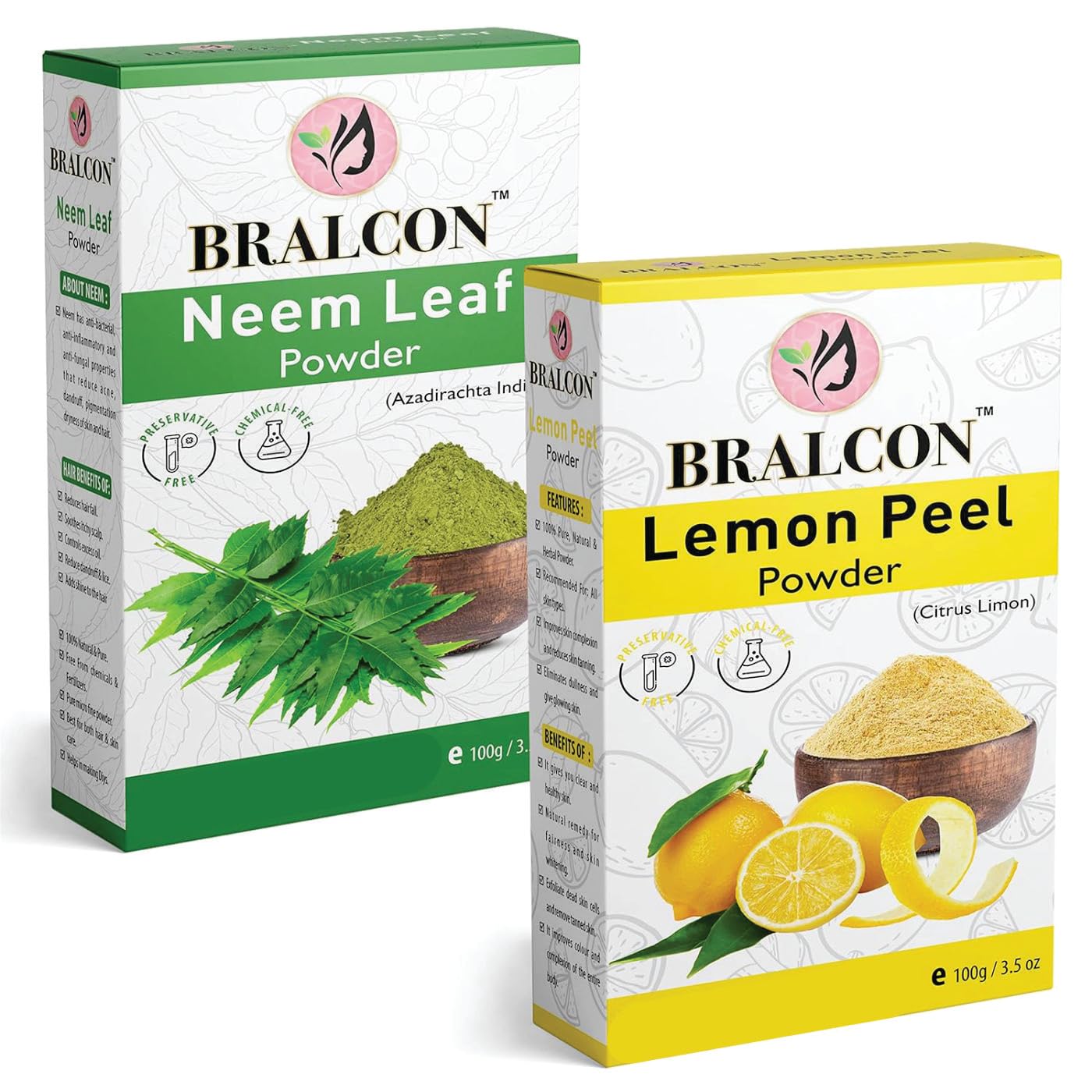 Organic Neem Leaf Powder & Lemon Peel Powder Combo - 200g (100g x 2 Pack) | Natural Skin Care for Face Masks, Glowing Skin & Oil Control | Perfect for DIY Beauty Treatments & Ayurvedic Remedies