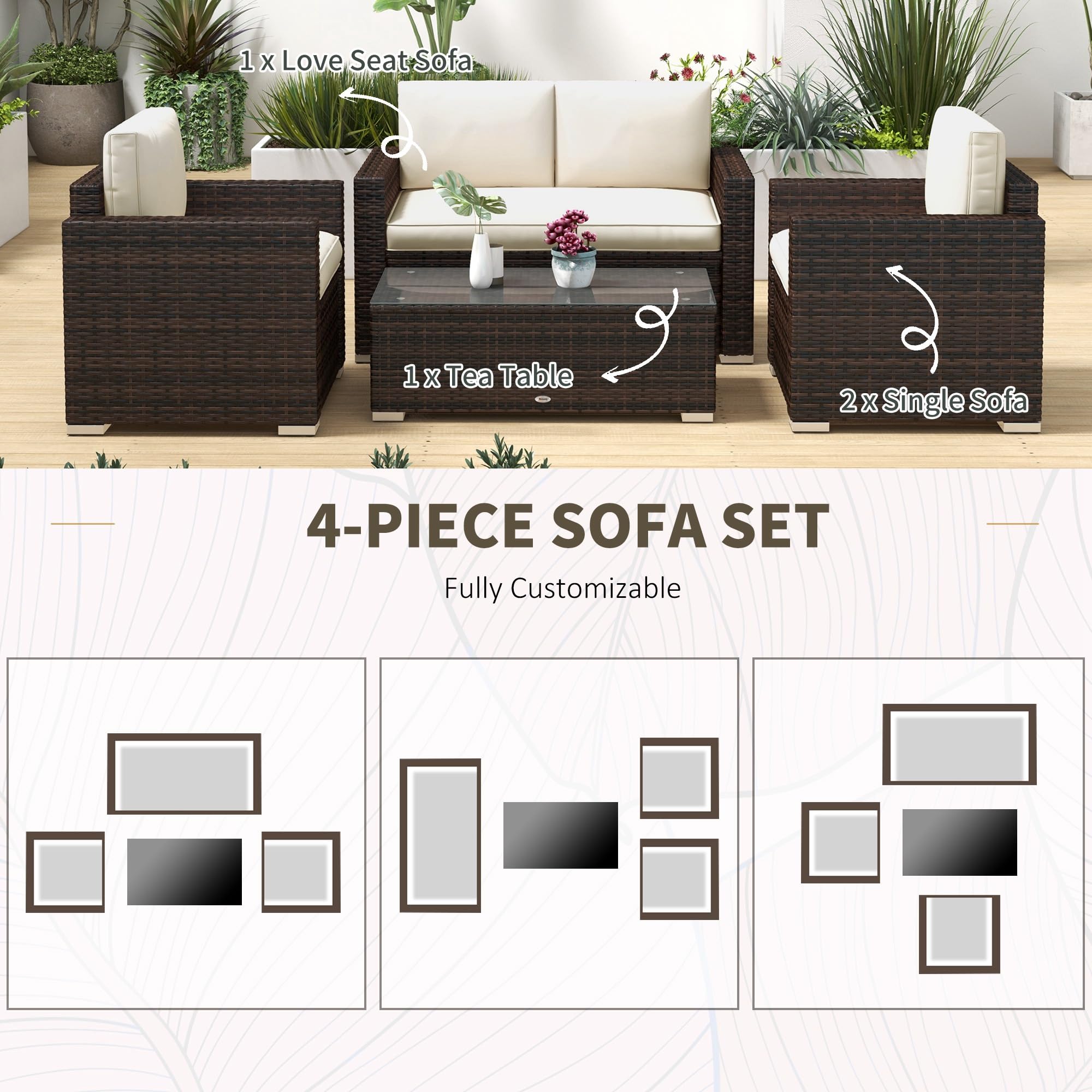 Outsunny 4-Piece Wicker Patio Furniture Set with Cushions - Outdoor Sectional Sofa Set with 2 Seating Chairs, Loveseat & Glass Top Coffee Table - Weather-Resistant Garden Conversation Set in Khaki - Perfect for Backyard, Poolside & Patio Relaxation
