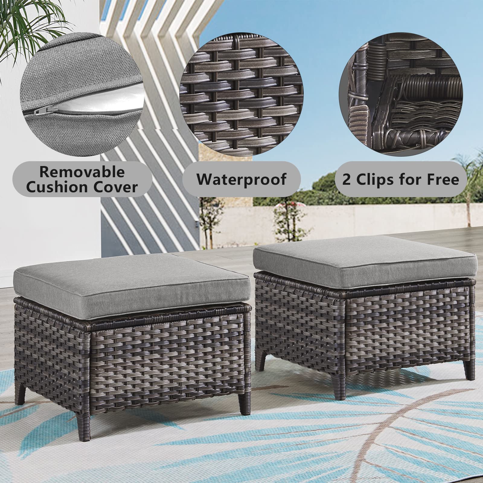 All-Weather Outdoor Patio Ottoman Set of 2 - Wicker Rattan Footstool with Soft Cushions for Garden, Deck & Poolside Relaxation