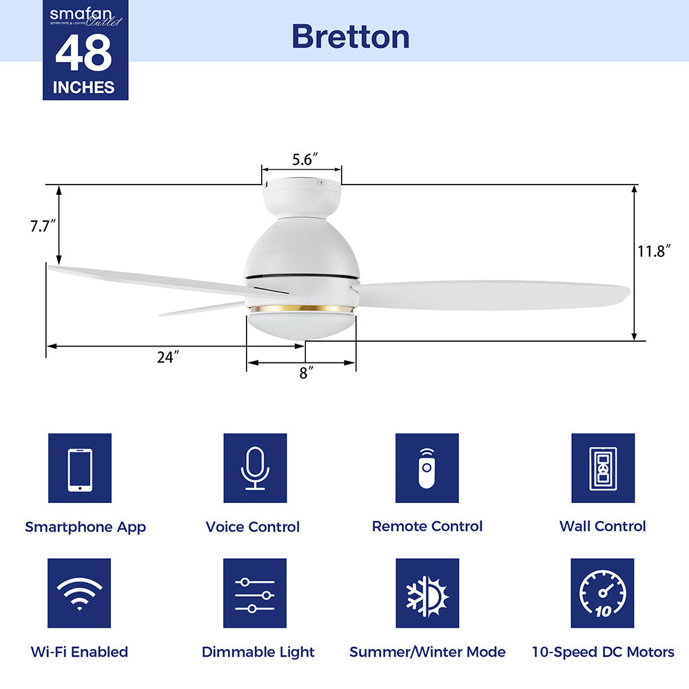Bretton II 48 Inch Low Profile Smart Ceiling Fan with LED Light and Remote Control - Perfect for Bedroom, Living Room, Patio & Outdoor Spaces