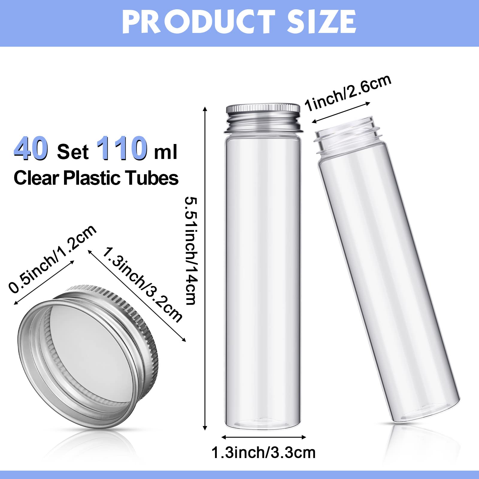 40 Pcs 110ml Clear Plastic Test Tubes with Lids - Flat Bottom Candy Storage Containers for Science Experiments, Wedding Favors & Christmas Party Decorations - Perfect for Candy, Spices, Lab Samples & DIY Crafts
