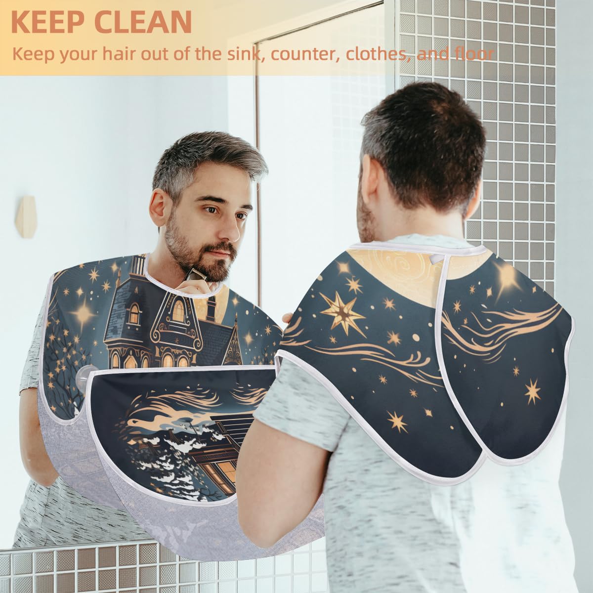 Men's Night Castle Pattern Beard Shaving Bib - Waterproof Hair Dye Apron for Barbers & Stylists - Sink Hair Catcher for Beard Trimming & Makeup - Perfect Gift for Grooming & Salon Use