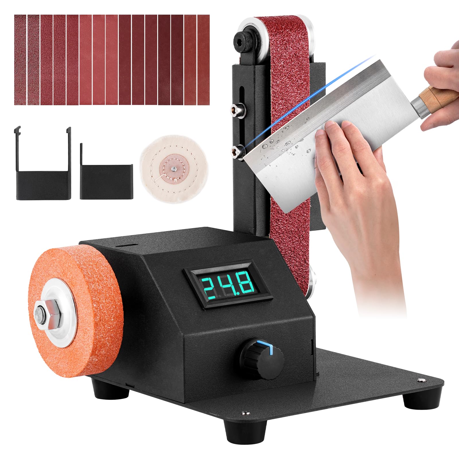 Electric Belt Sander 1.2x15in - Variable Speed Knife Sharpener & Wood/Metal Grinder with 15PCS Abrasive Belts - Perfect for DIY Knife Sharpening, Woodworking, Metal Polishing & Leather Crafting
