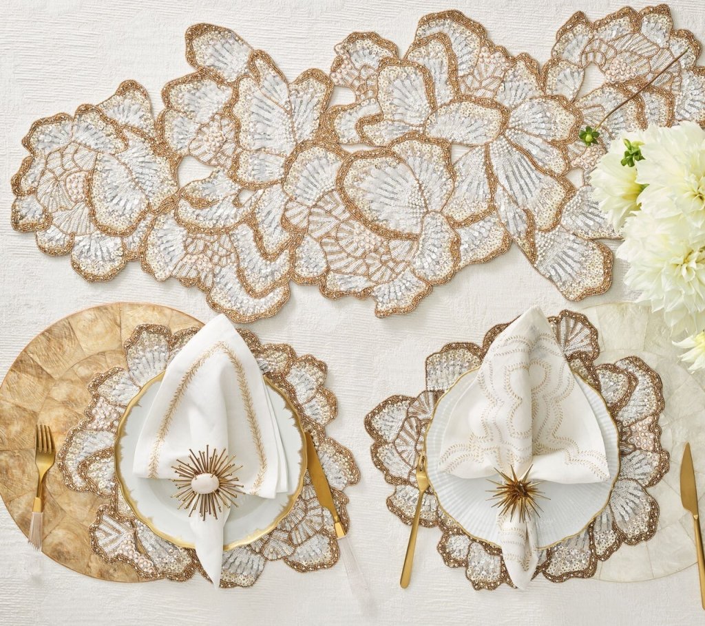 Elegant Botanica Table Runner in White, Gold & Silver - Perfect for Weddings, Holidays & Home Decor