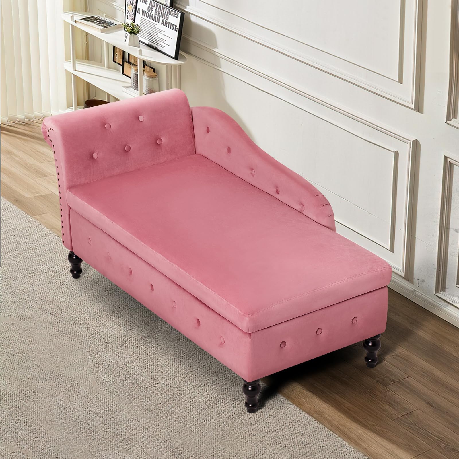 Velvet Upholstered Chaise Lounge with Left Armrest & Storage Space, Button Tufted Modern Lounge Chair with Lumbar Pillow - Pink Accent Furniture for Bedroom, Living Room & Office - Perfect for Relaxing, Reading or Napping