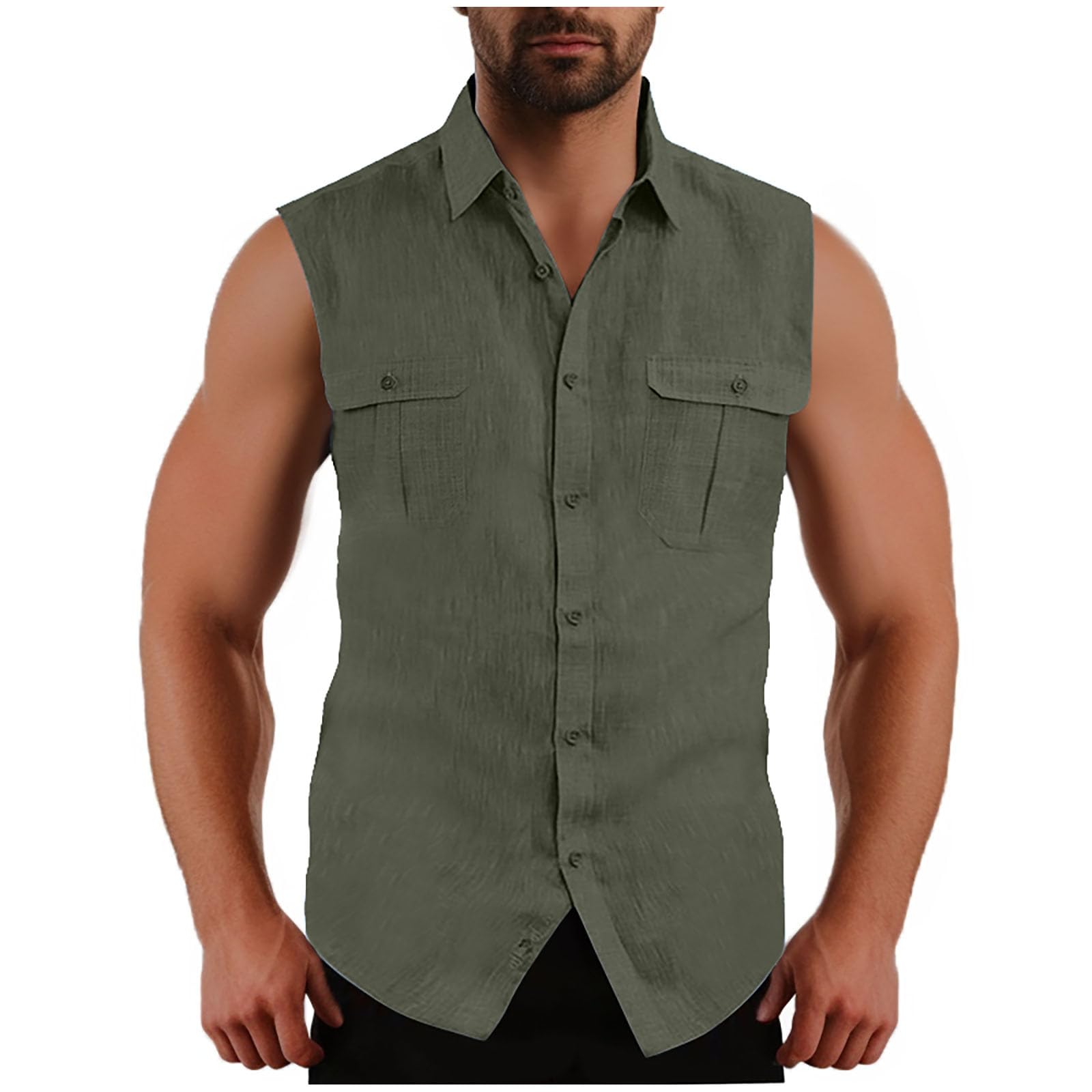 Men's Sleeveless Button Down Shirts - Breathable Cotton Linen Blend Summer Beach Tank Tops with Pockets | Casual Solid Color T-Shirt for Outdoor Activities, Vacation & Streetwear Fashion