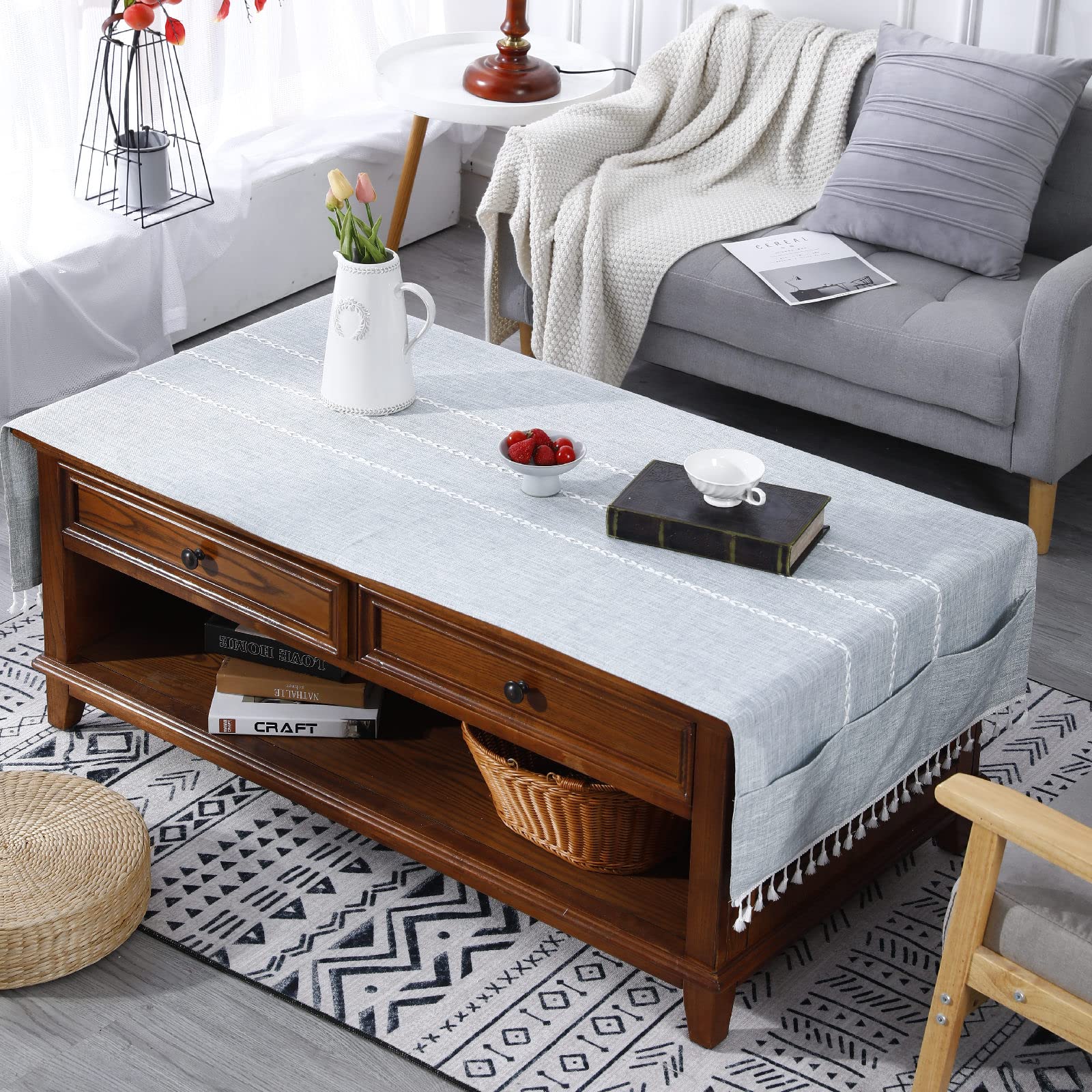 Linen Tassel Coffee Table Cover with Pockets - Elegant Rectangular Tablecloth for Living Room Decor | Perfect for Dining Tables, Side Tables & Home Styling