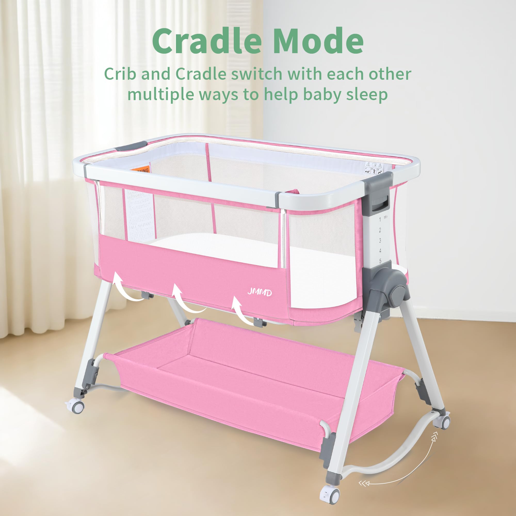 JMMD 3-in-1 Adjustable Baby Bassinet Bedside Sleeper - 6 Height Levels, Foldable & Portable Crib for Newborns & Infants (Pink) | Perfect for Nursery, Bedroom Co-Sleeping & Travel