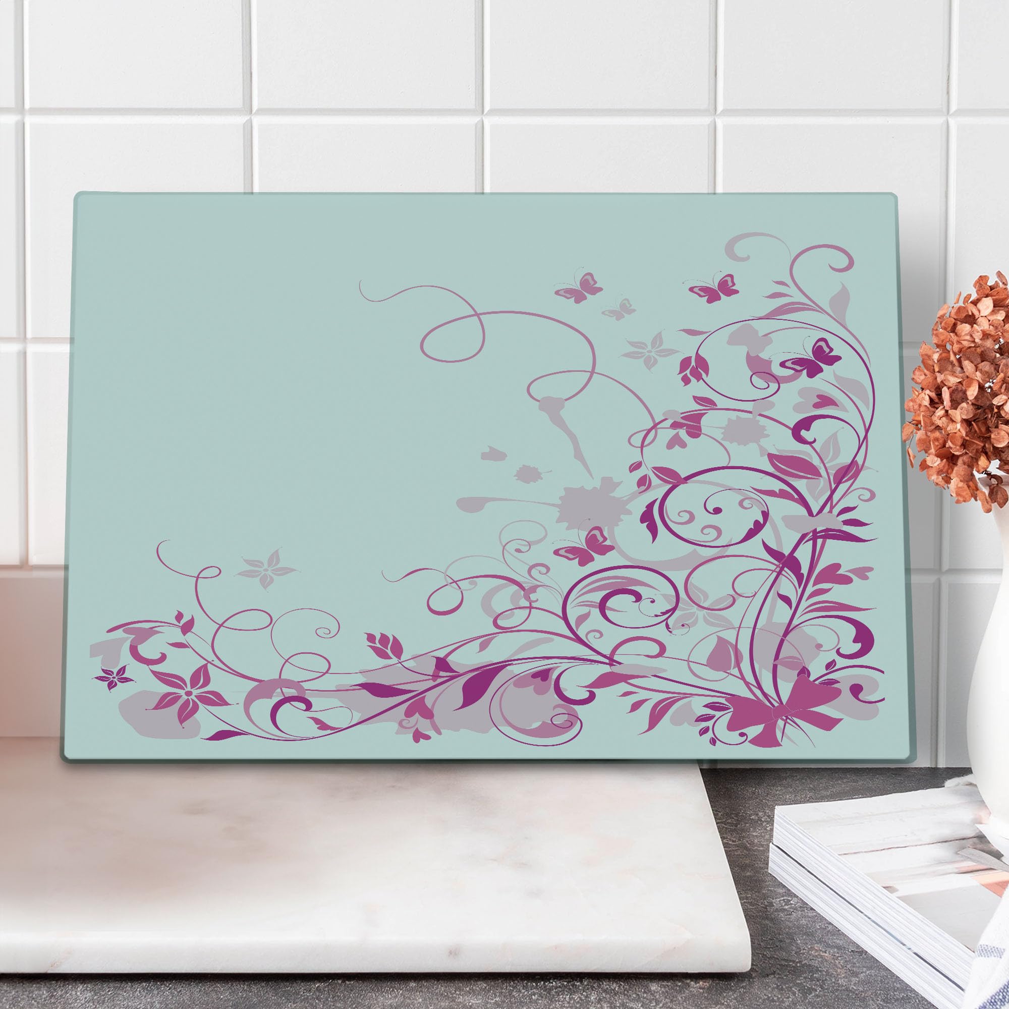 Ambesonne Rose Tempered Glass Cutting Board - Large Decorative Serving Board with Swirling Leaves, Blossoms & Butterflies Design - Pink & Magenta Kitchen Accessory for Cooking, Entertaining & Home Decor