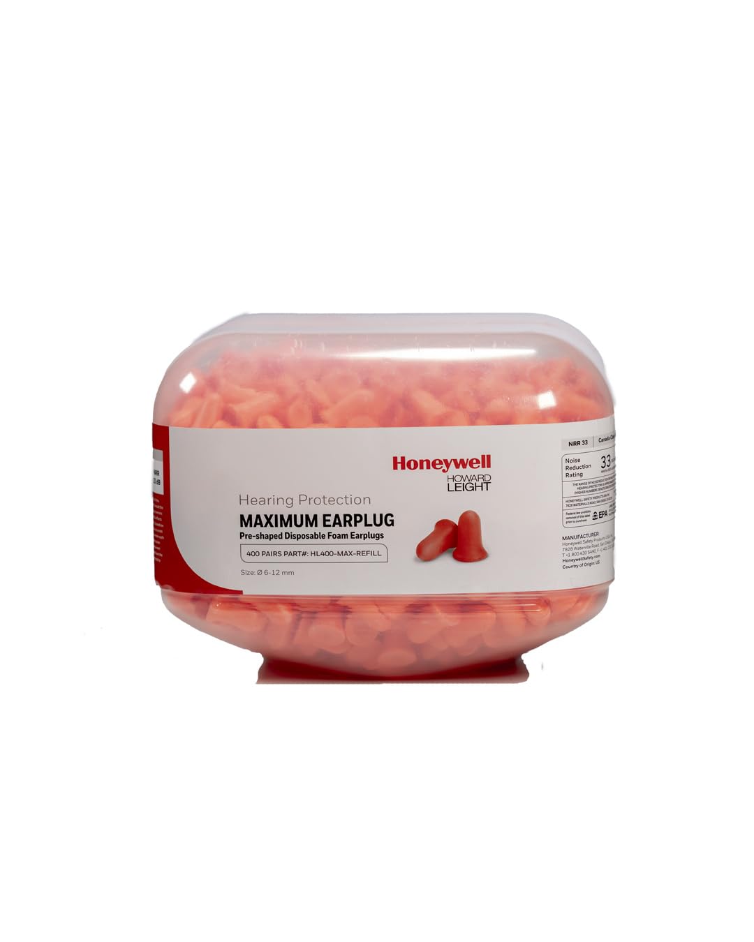 Howard Leight MAXIMUM NRR 33 Earplug Refill for HL400 Dispenser - 800 Pairs (Two 400-Pair Canisters) | Industrial Hearing Protection for Construction, Manufacturing & Loud Work Environments