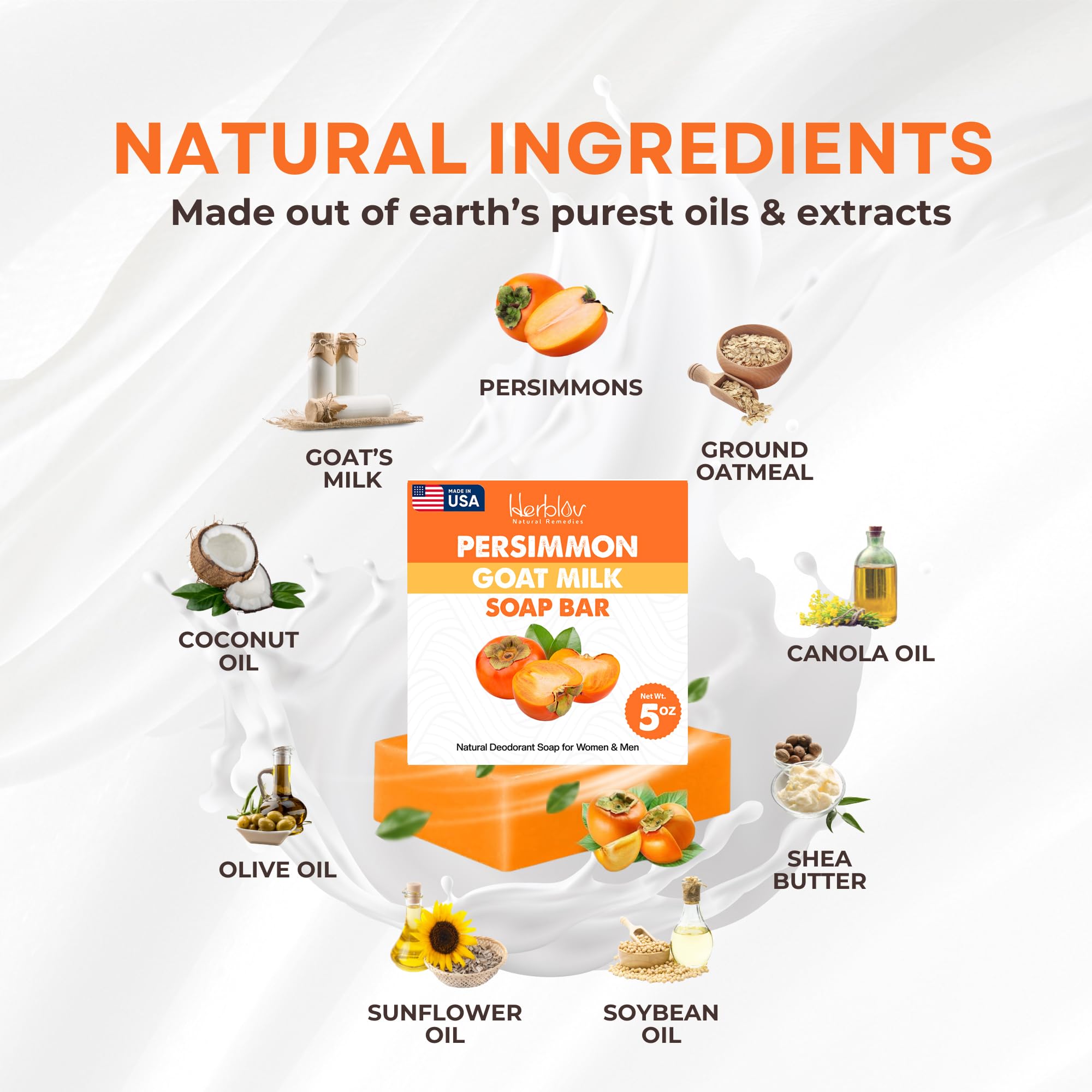 Natural Persimmon Soap Bar for Body Odor Control - Purifying Deodorizing Goat Milk Body Wash for Men & Women - Skin Brightening & Odor Elimination - Perfect for Daily Shower, Gym, Travel & Sensitive Skin Care