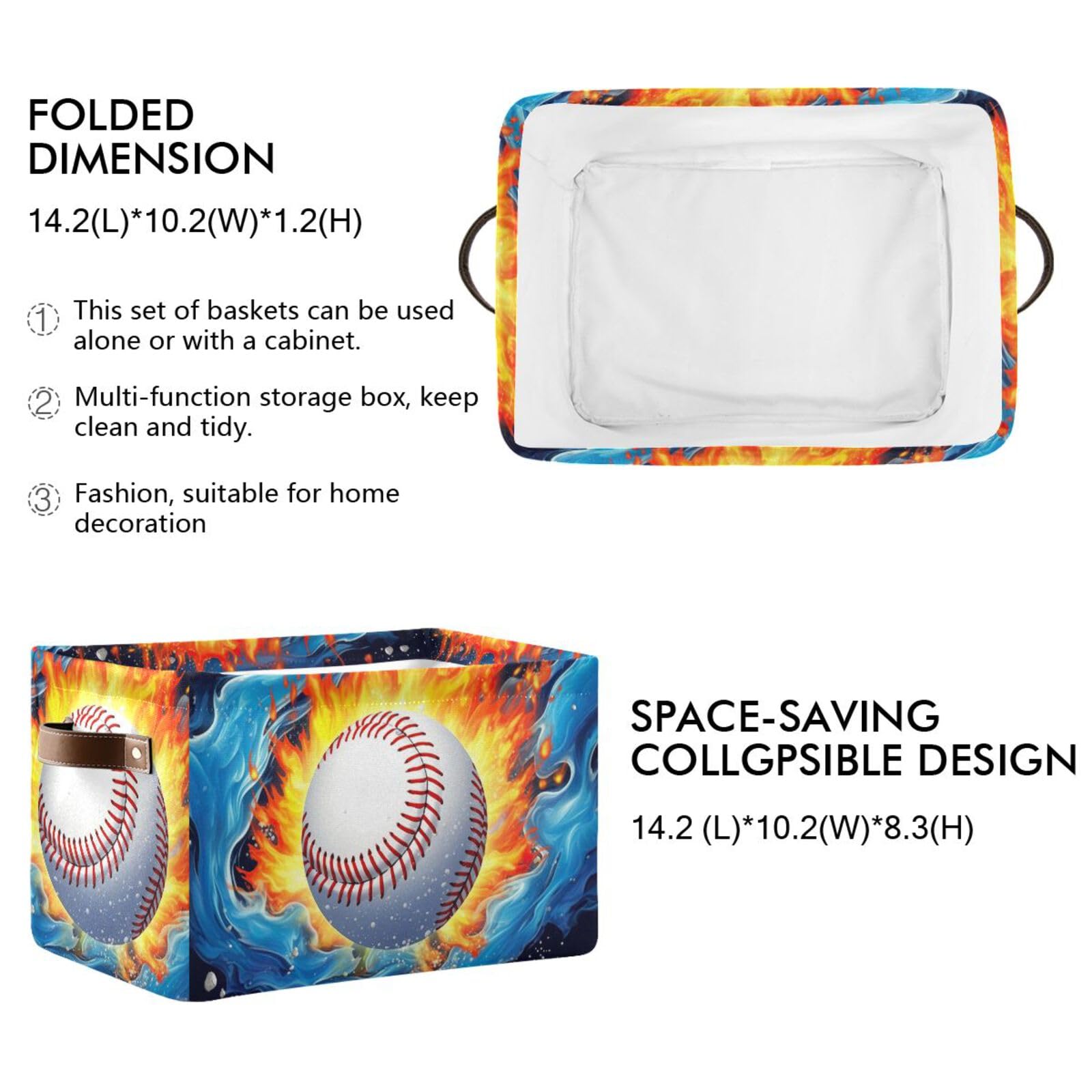 2-Pack Large Foldable Storage Baskets - Collapsible Organizer Bin Cube for Home, Office, Closet & Toy Organization | Baseball on Fire Design | Space-Saving Storage Solution