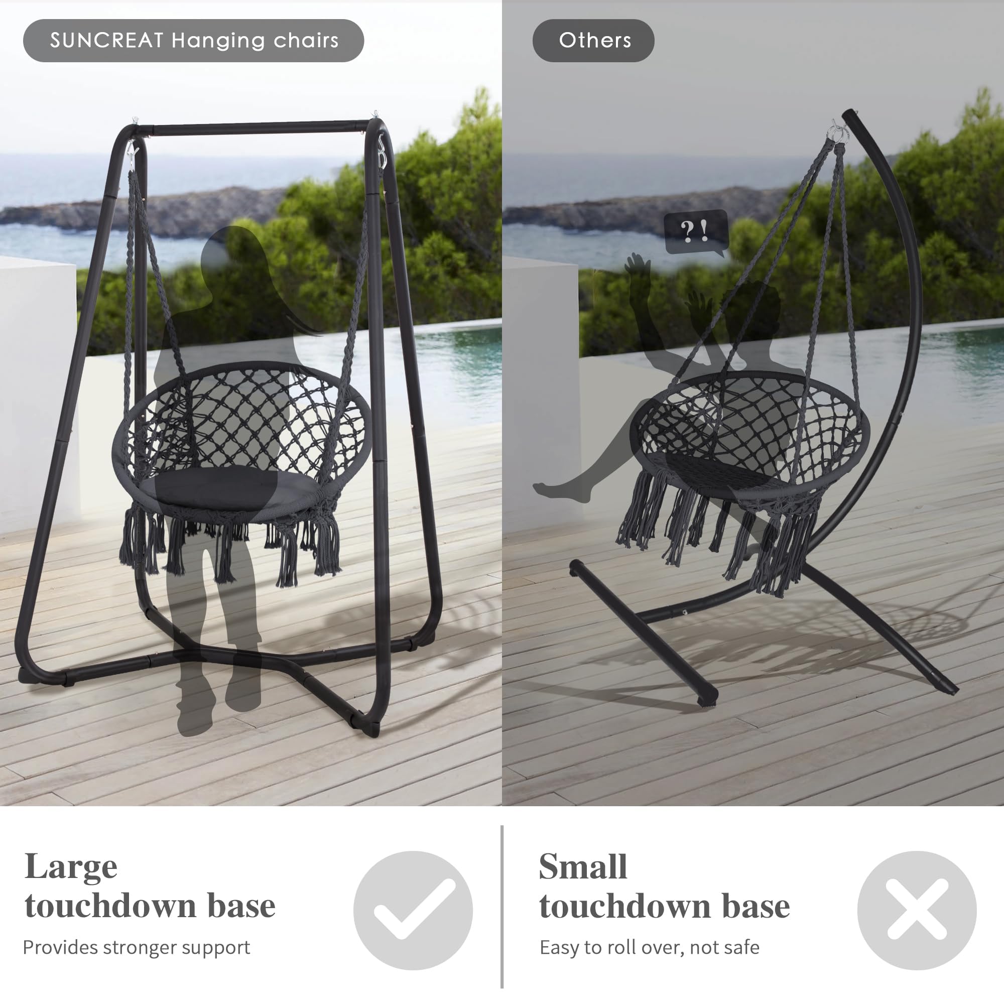 SUNCREAT Heavy Duty Hammock Chair with Stand - 330 lbs Capacity, Patented Design, Grey - Perfect for Indoor, Outdoor, Patio, Garden & Relaxation