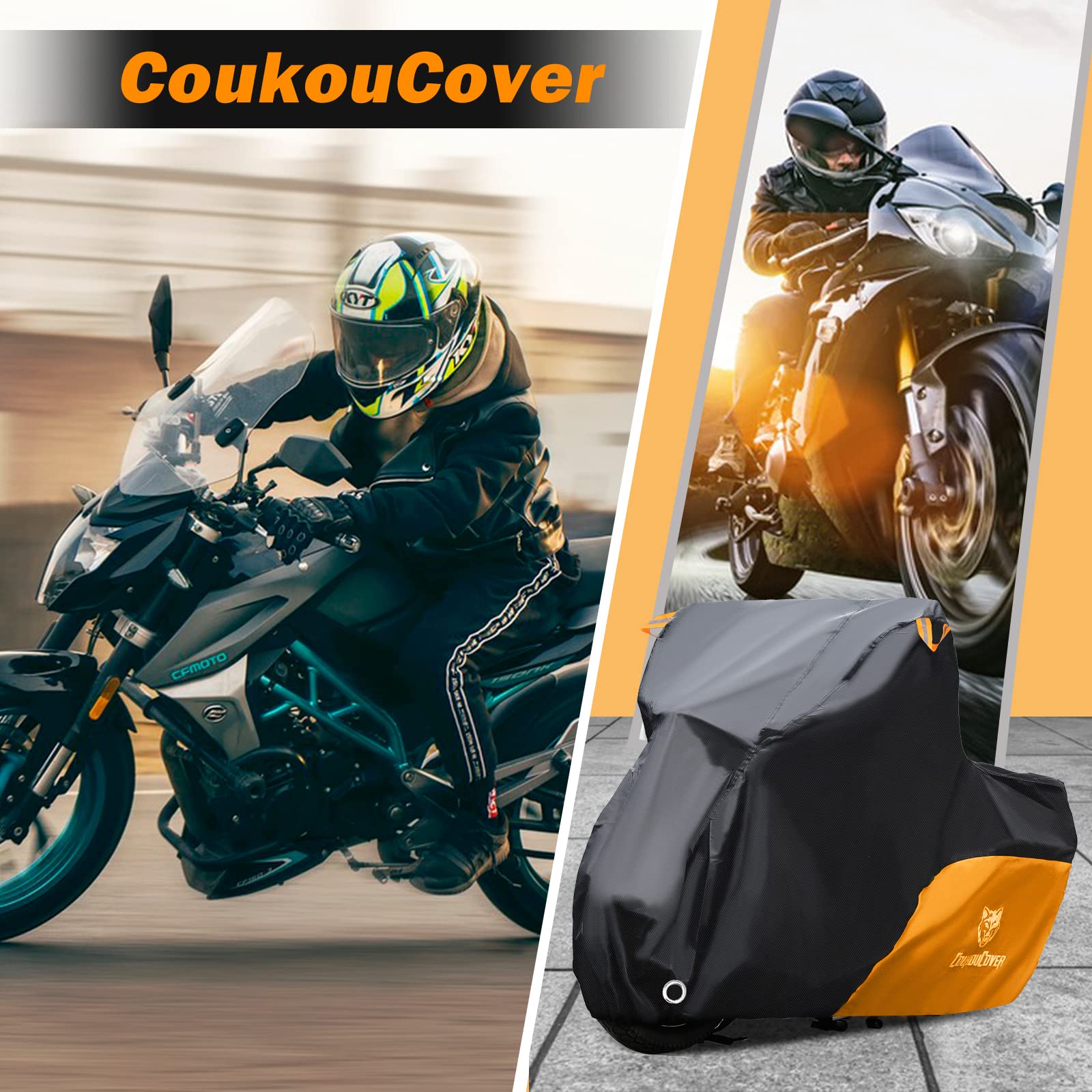 Heavy Duty Waterproof Motorcycle Cover for Outdoor Use - Fits Yamaha Honda Suzuki Kawasaki (XXL Black&Orange) - Ideal for Garage & Travel Protection