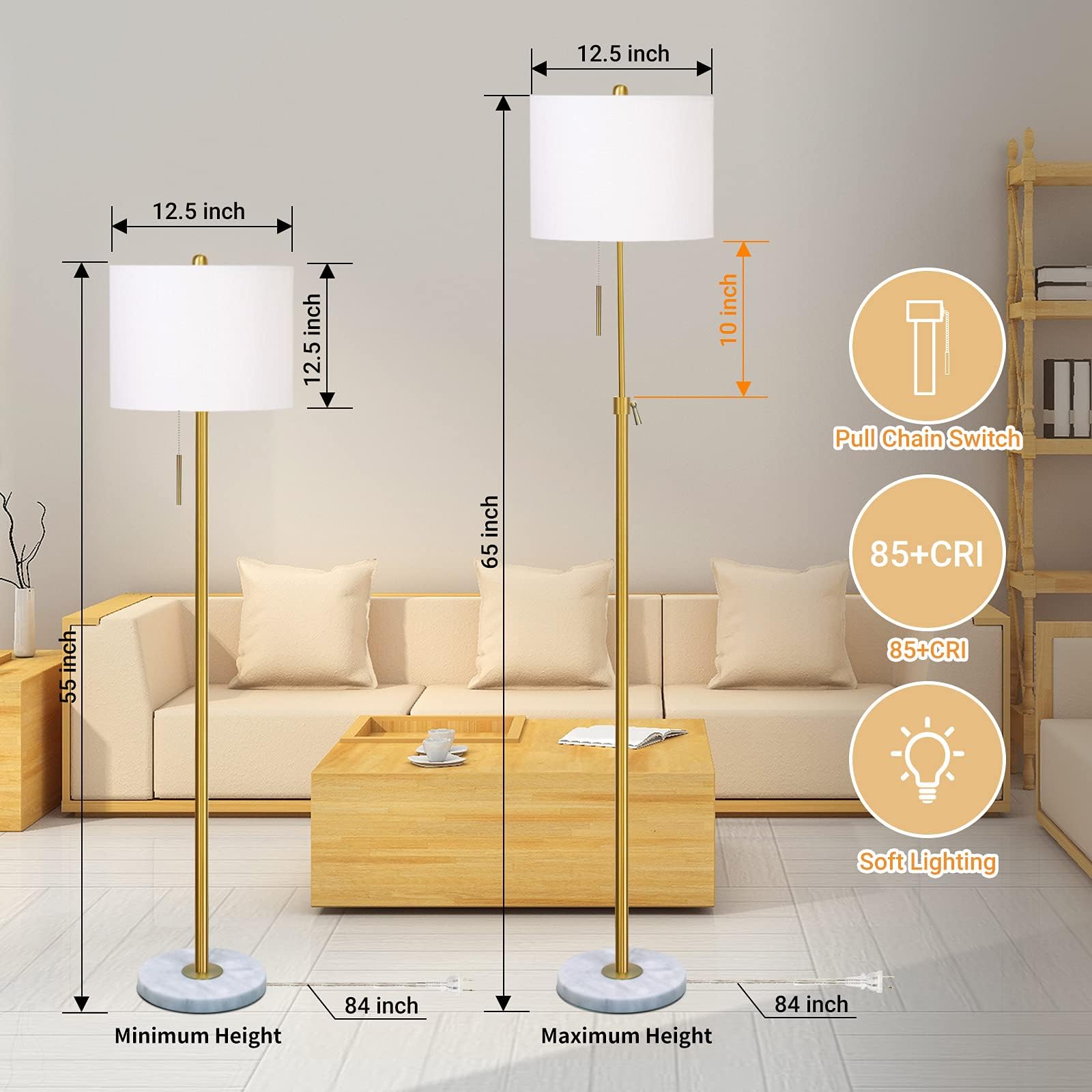 Modern 3-Piece Table & Floor Lamp Set - Adjustable Gold Lamps with Fabric Shades & Marble Base | Dimmable Pull Chain Bedside & Standing Lamps (Includes 3 LED Bulbs) - Perfect for Living Room, Bedroom & Office Lighting Decor