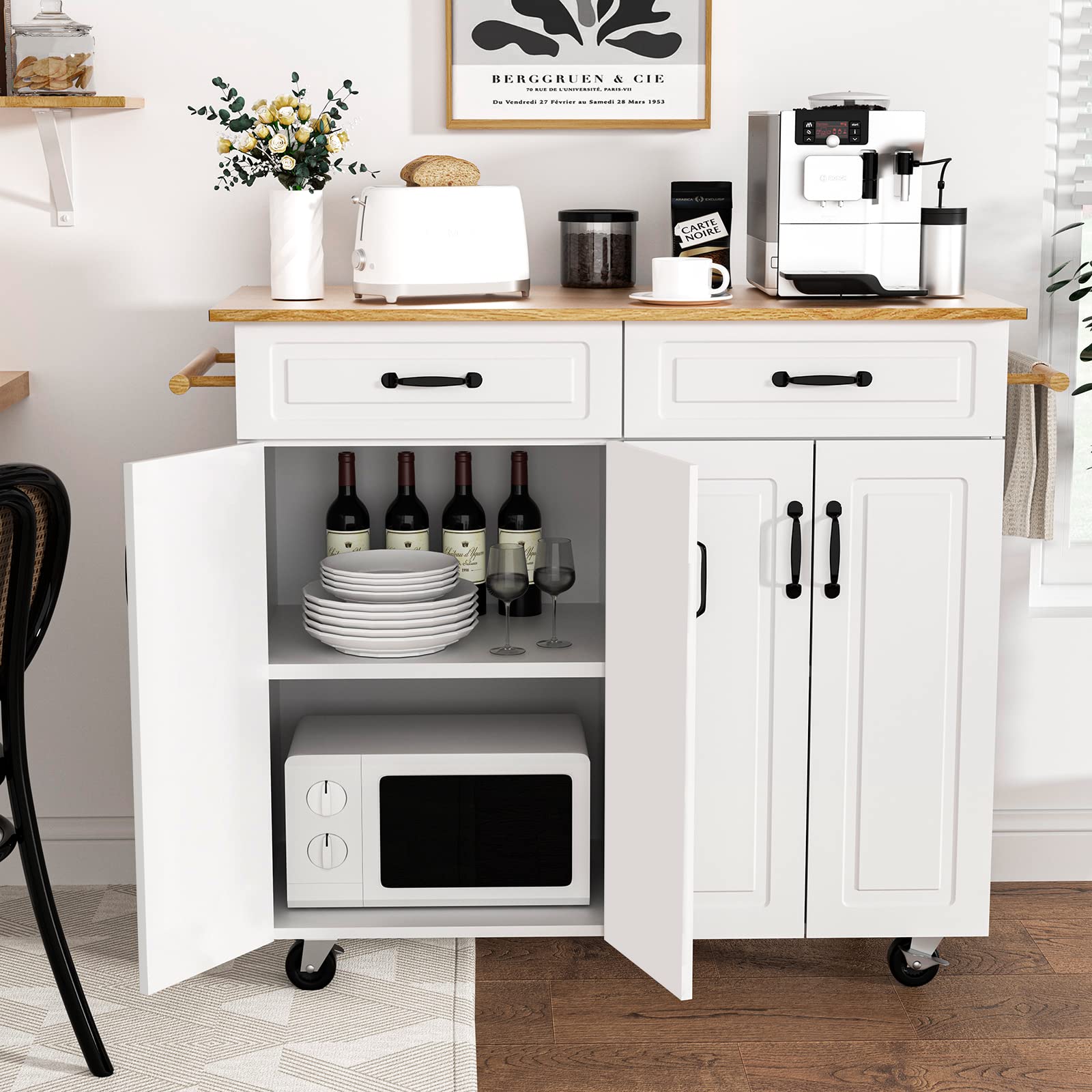 4 EVER WINNER White Kitchen Island Cart with Wheels - 2 Drawers & 4 Storage Cabinets, Wooden Countertop, Towel Racks & Adjustable Shelves - Mobile Kitchen Organizer for Small Spaces, Dining Room or Apartment