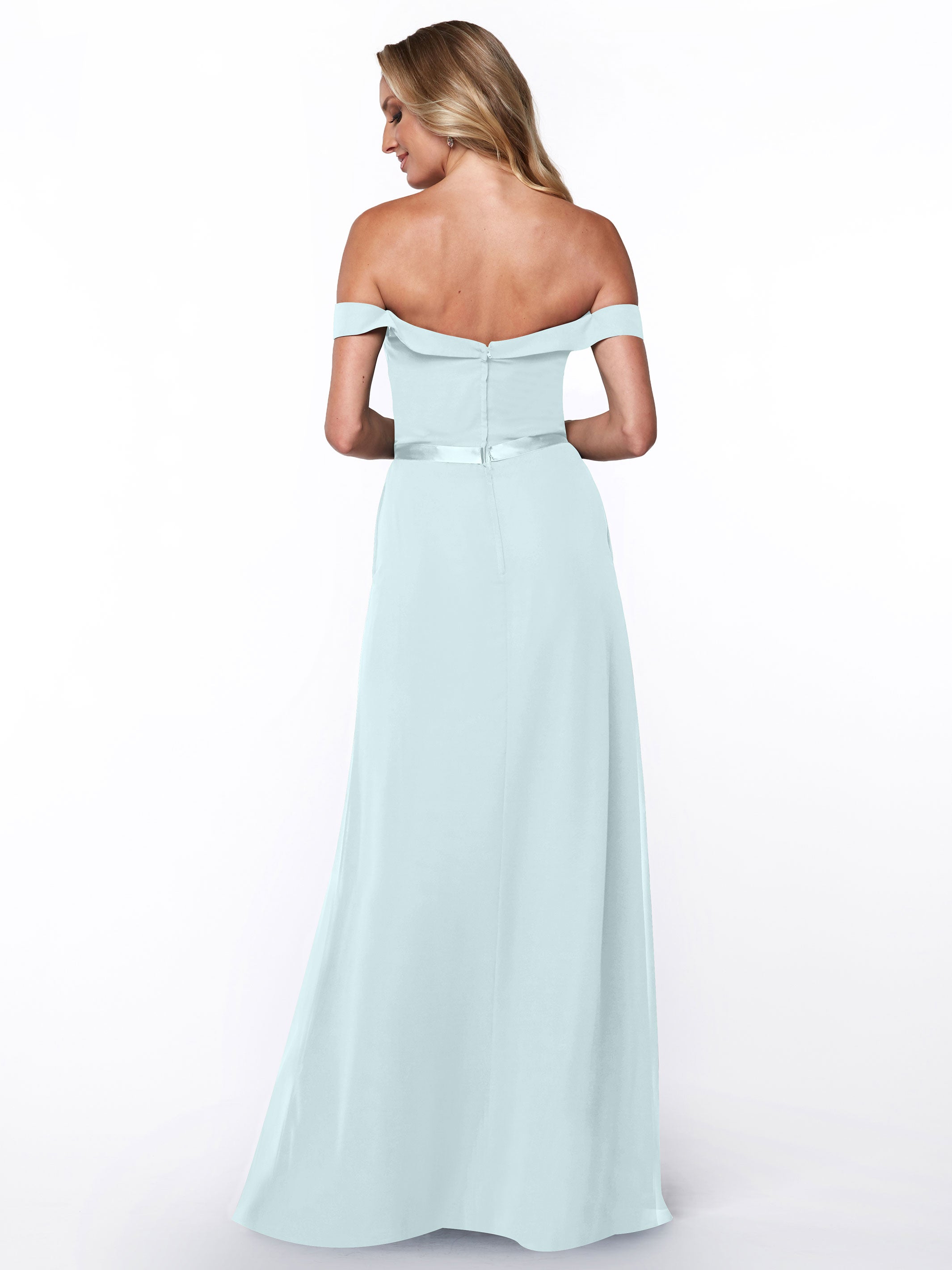 Elegant 80145 Off-The-Shoulder Chiffon A-Line Bridesmaid Dress with Sash - Perfect for Weddings, Formal Events & Special Occasions