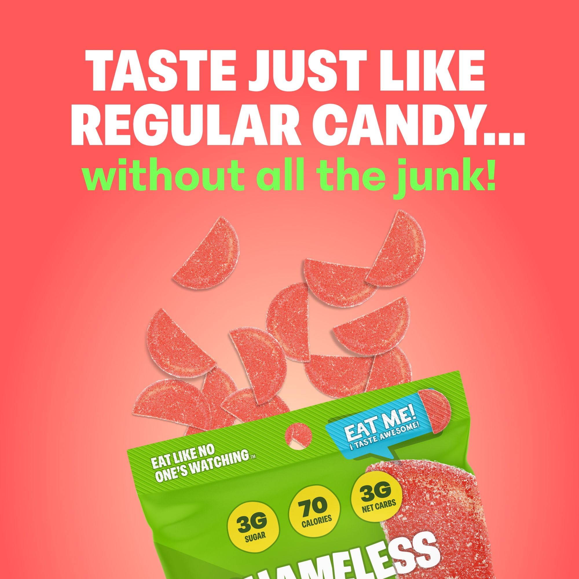 Shameless Snacks - Healthy Low Calorie Keto Gummies, Sugar Free & Gluten Free Candy - 6 Pack Wassup Watermelon Flavor | Perfect for Weight Loss, Keto Diet & On-the-Go Snacking