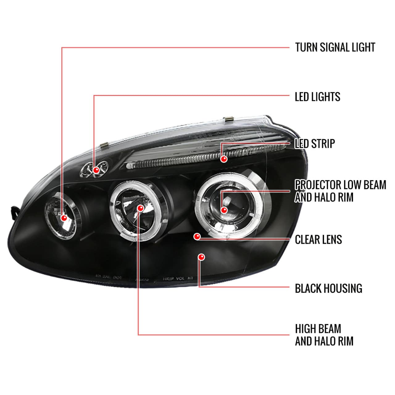 2006-2010 Volkswagen Jetta & 2006-2008 Golf/Rabbit Black Projector Headlight Housing Kit with Dual Halo LED - Upgrade Your Car Lighting for Night Driving & Enhanced Style