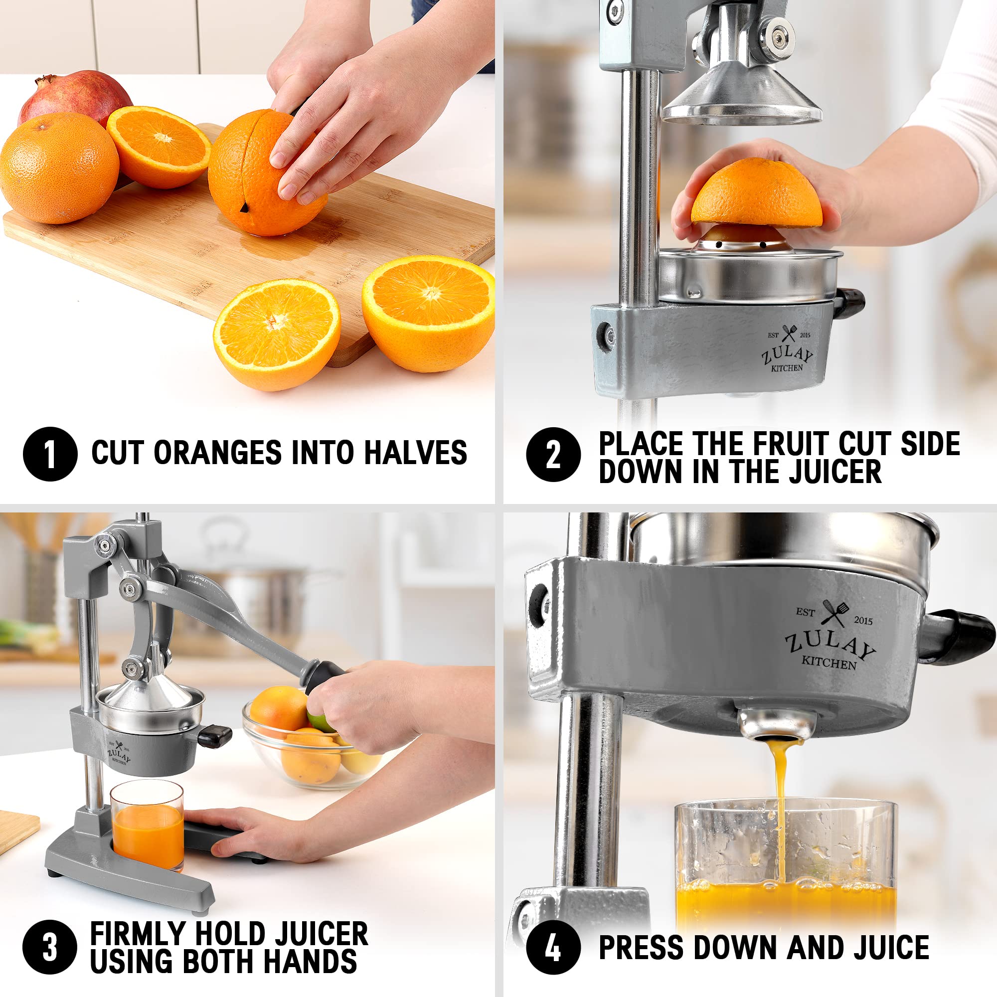 Zulay Kitchen Heavy-Duty Cast Iron Citrus Juicer - Professional Manual Orange & Lemon Squeezer with Stainless Steel Press - Easy to Clean, Durable for Fresh Juice - Perfect for Home Bars, Restaurants & Healthy Breakfasts (Gray)