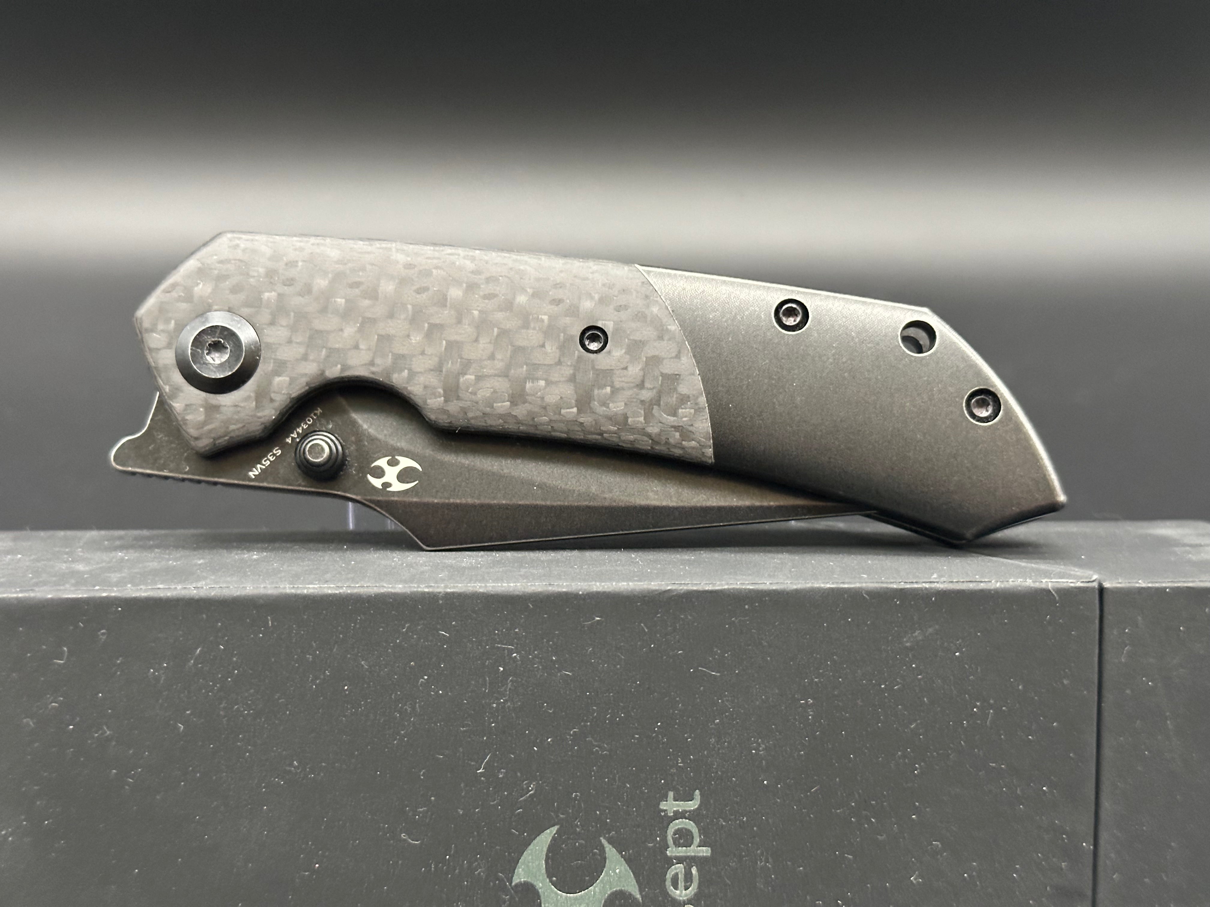 KANSEPT FENRIR Folding Knife - S35VN Plain Black Blade, Twill Carbon Fiber & Black Titanium Handle (K1034A4) | EDC, Outdoor Survival, Camping & Tactical Use