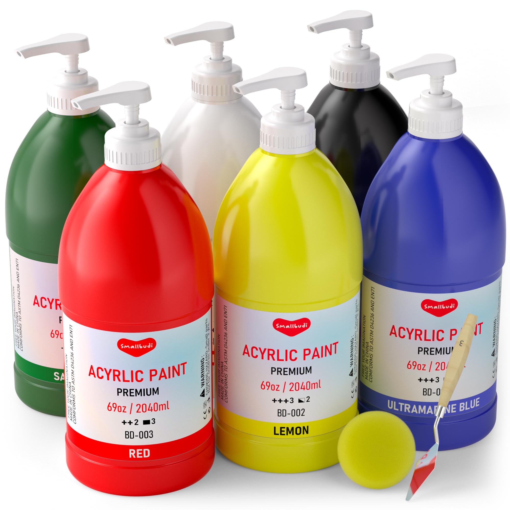 6 Colors Large Acrylic Paint Set (69oz/2040ml) - Non Toxic Bulk Art Supplies for Canvas, Wood, Fabric, Rock Painting - Vibrant Colors with Pump & Color Wheel - Perfect for Kids, Adults, School Projects & DIY Home Decor