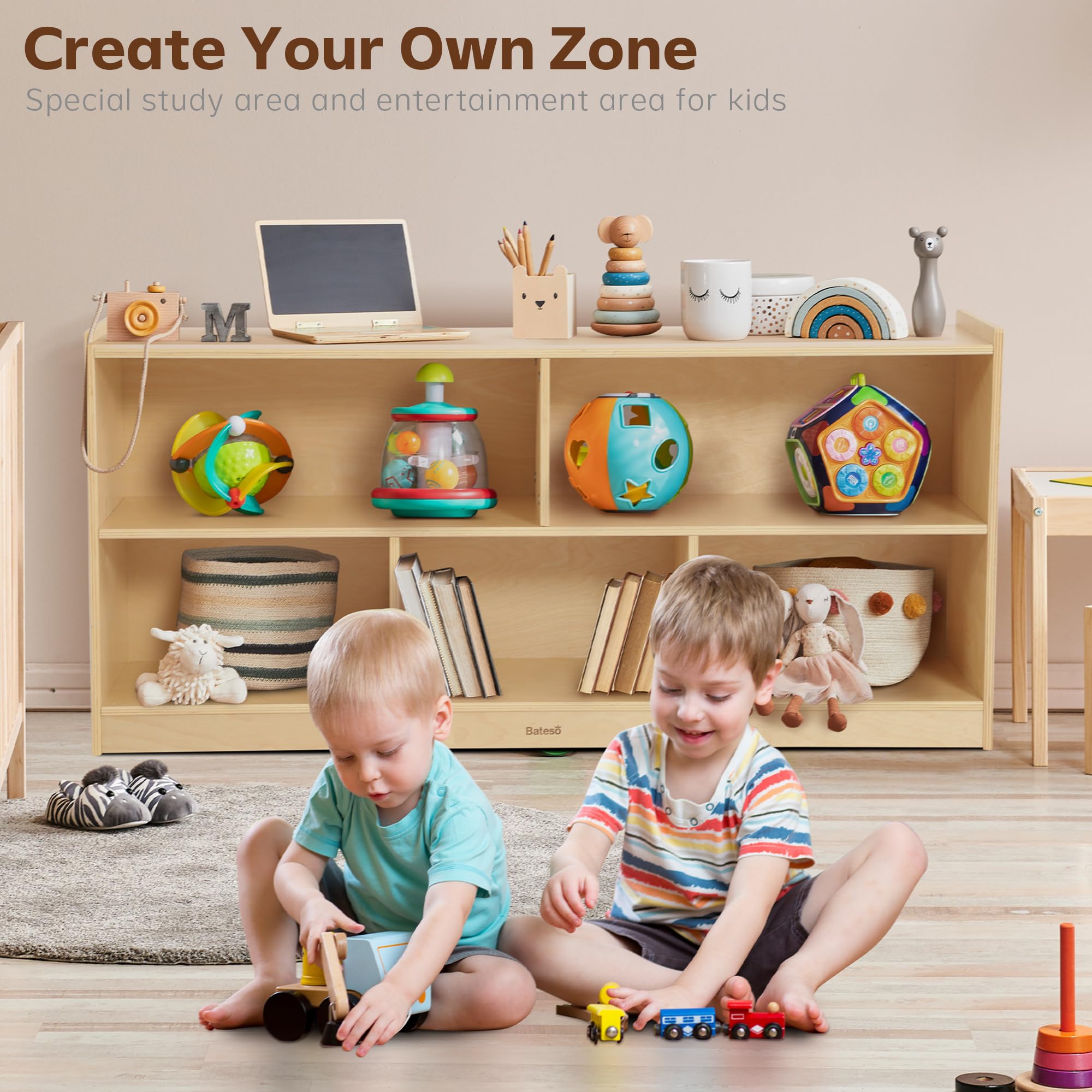 Large Wooden Toy Storage Organizer - 2-Shelf Montessori Bookshelf & 5-Section Kids Bookcase - Sturdy Classroom Storage Cabinet & Toddler Toy Shelf for Kids Room, Playroom, Nursery - Perfect for Organizing Toys, Books, and Learning Materials in Daycare, Preschool, or Home Play Areas