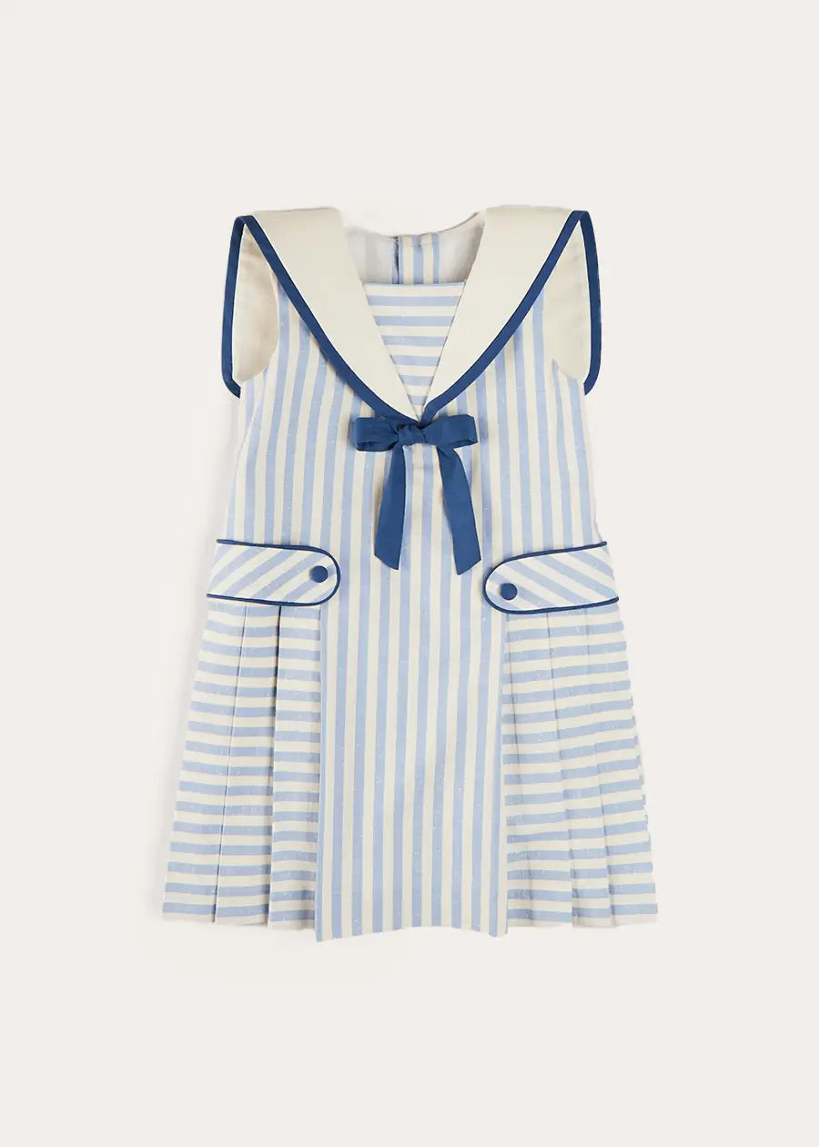 Blue Regency Striped Mariner Collar Pleated Sleeveless Dress for Girls 2-10 Years | Summer Beach Party, Vacation Outfit, Casual Playdate Dress