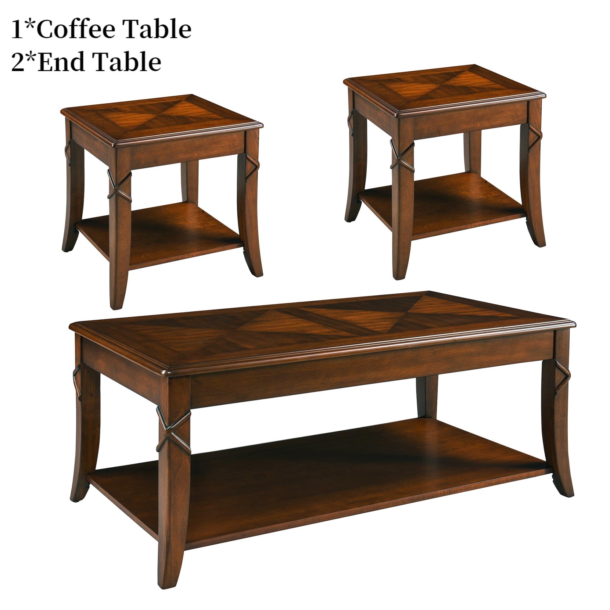 Mid-Century Modern Coffee Table Set with Storage Shelf - 3-Piece Solid Wood Living Room Furniture (1 Coffee Table + 2 End Tables) in Cherry Walnut Finish - Perfect for Living Rooms, Dens and Home Offices - KFZ-DR200-3