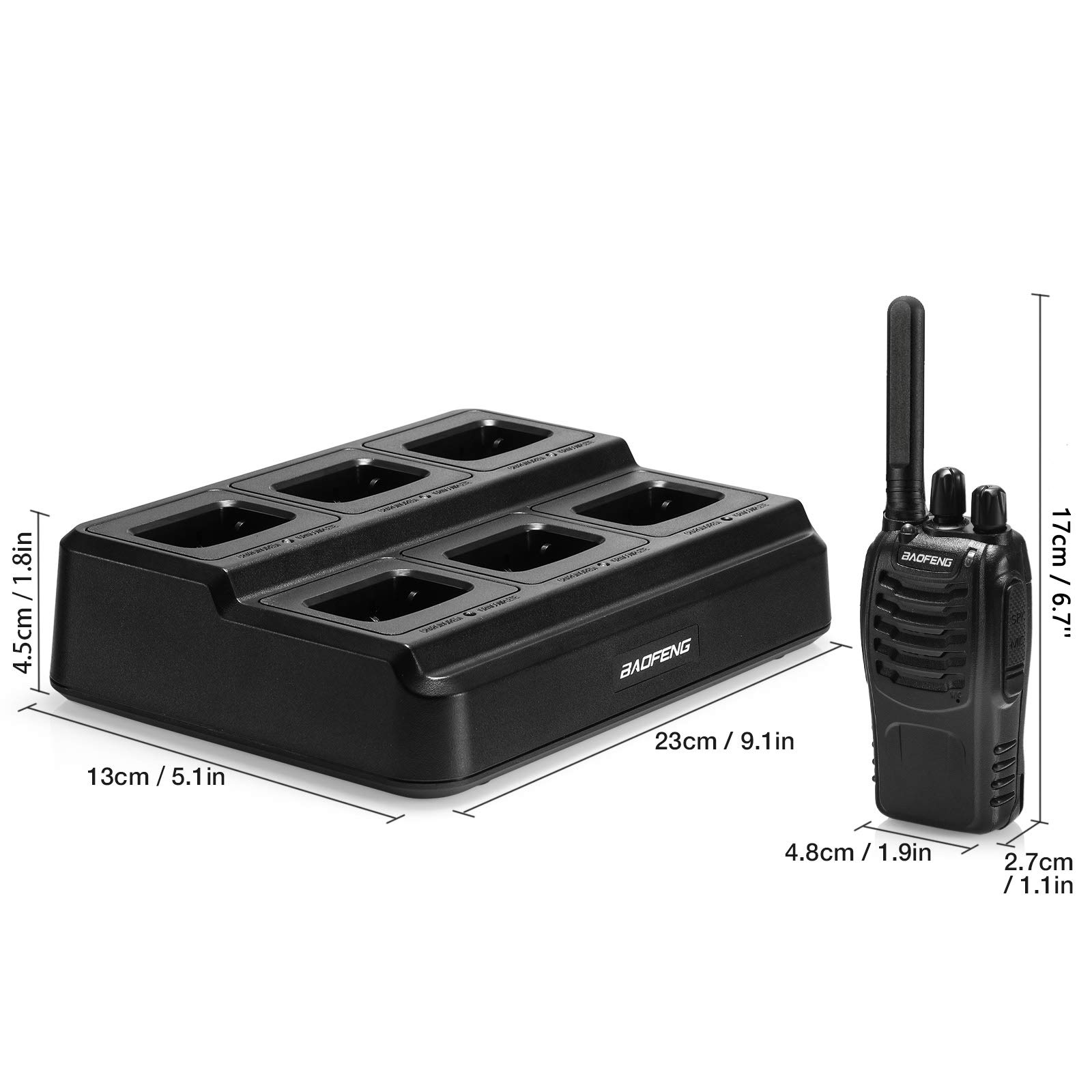 BAOFENG BF-88ST Long Range Walkie Talkies (6 Pack) - Rechargeable Two Way Radios with 6-Way Multi Unit Charger, License-Free Communication for Adults - Includes Earpieces & USB Charging - Ideal for Outdoor Adventures, Construction Sites, and Event Coordination (Black)