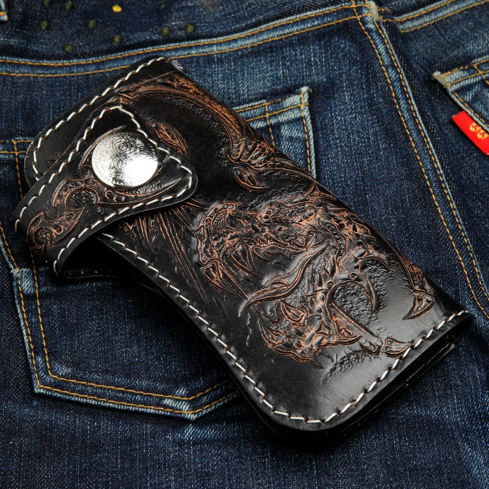 Genuine Leather Biker Chain Wallet for Men - Stylish Rider Dragon Design - Perfect for Motorcycle Enthusiasts & Everyday Use
